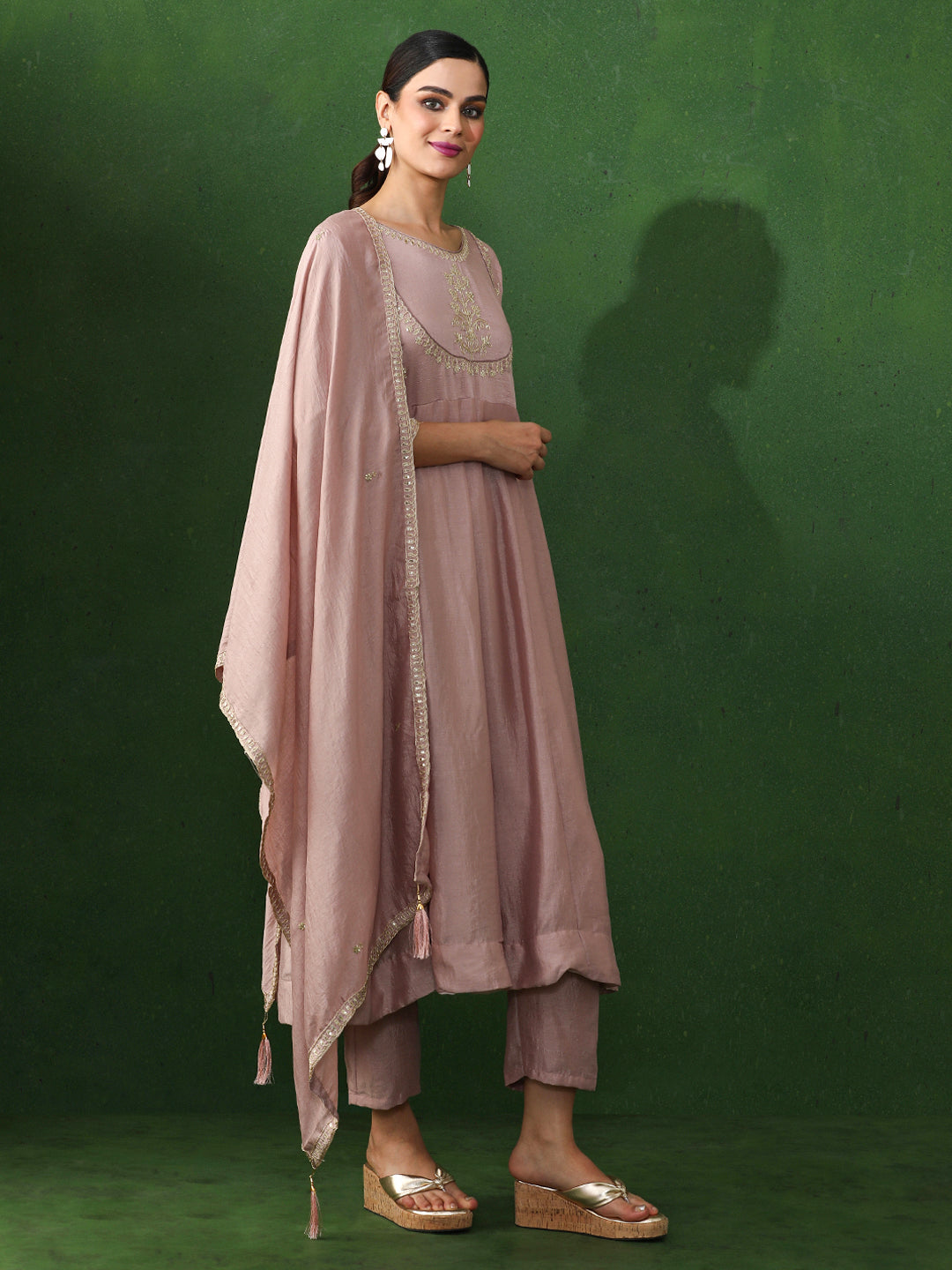 Floral Embroidered A-Line Silk Blend Kurta & Trousers Sets