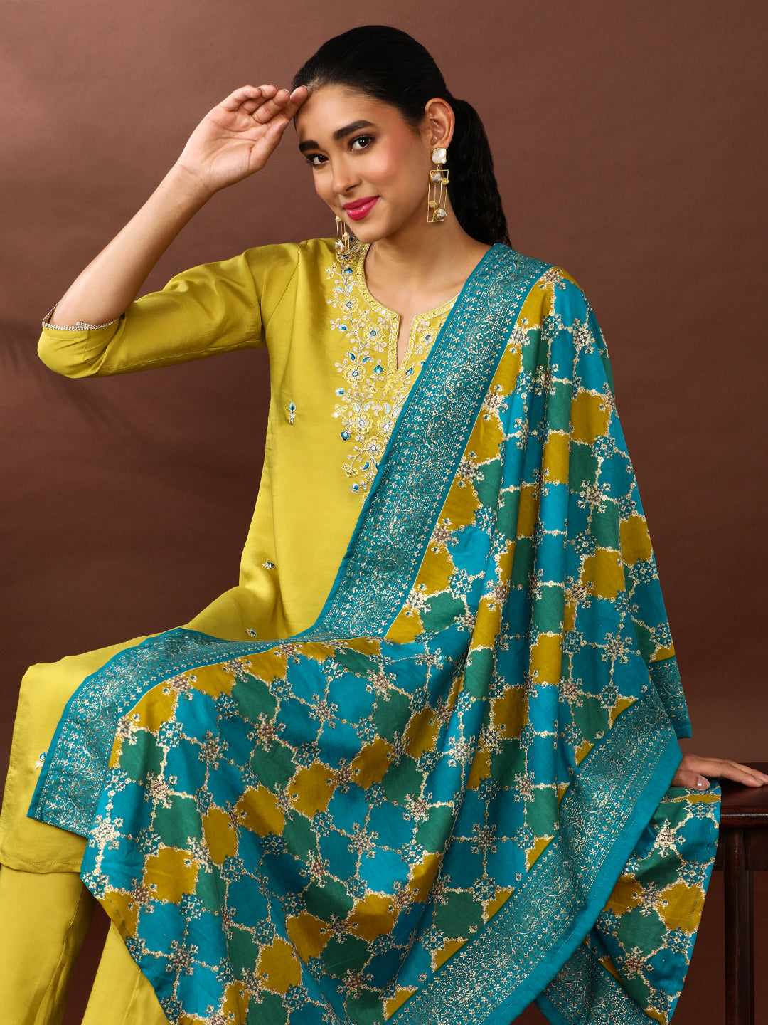 Floral Embroidered Poly Silk Kurta & Trousers Sets