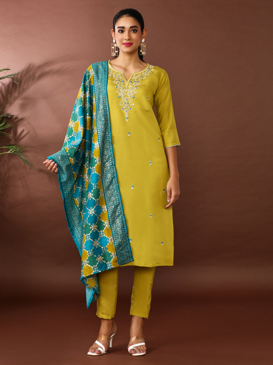 Floral Embroidered Poly Silk Kurta & Trousers Sets