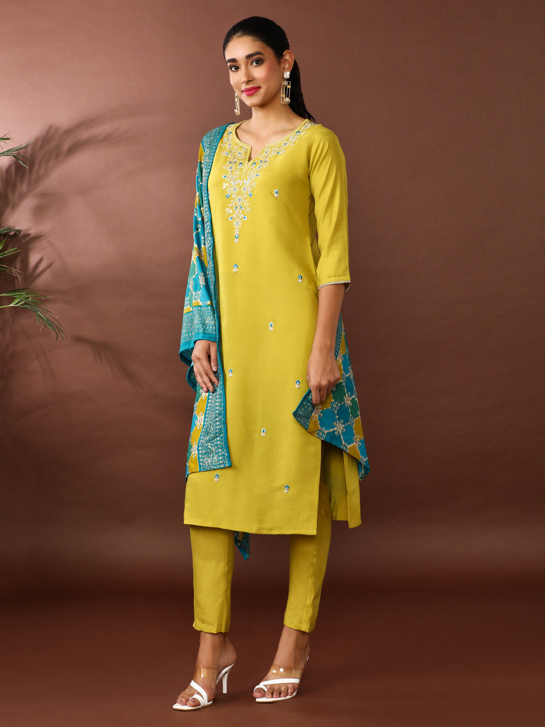 Floral Embroidered Poly Silk Kurta & Trousers Sets