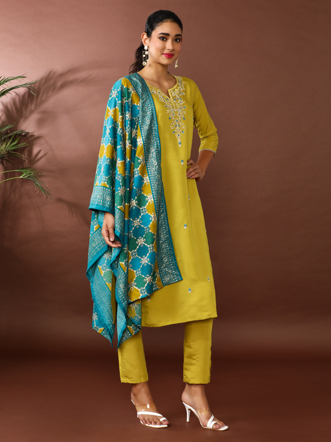 Floral Embroidered Poly Silk Kurta & Trousers Sets