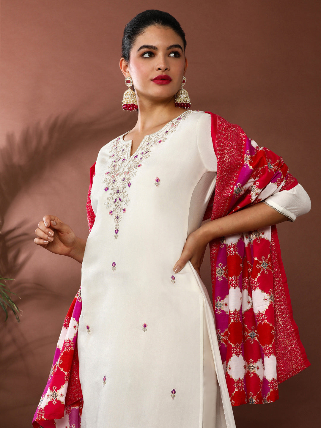 Floral Embroidered Poly Silk Kurta & Trousers Sets