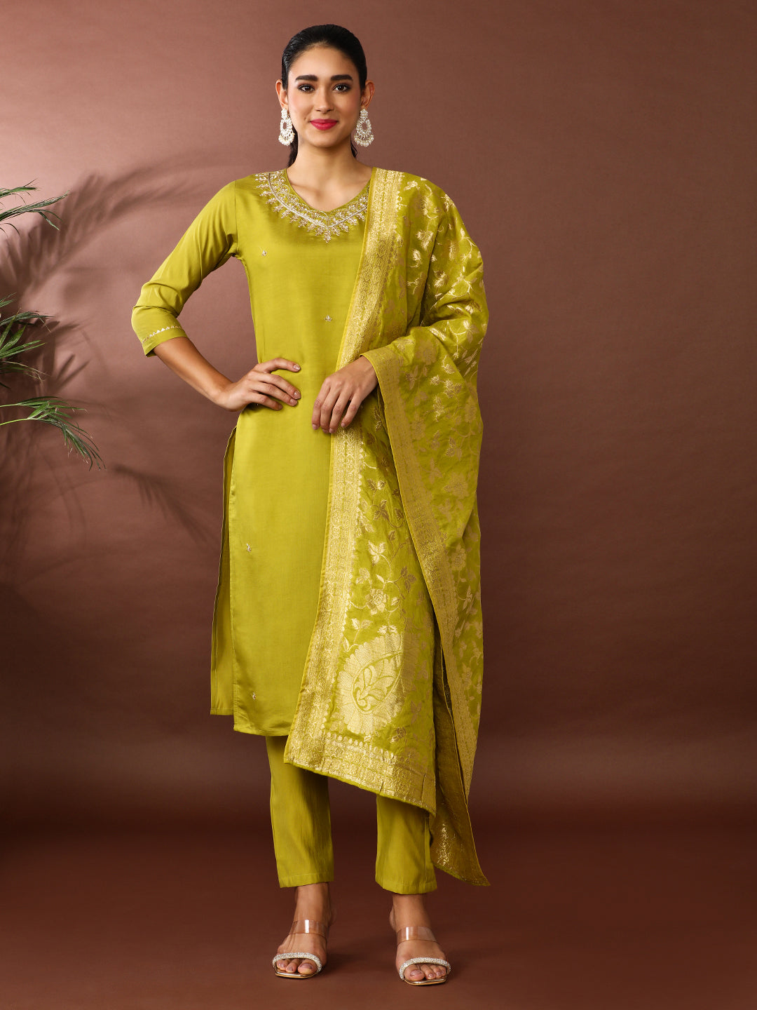 Solid Embroidered Poly Silk Kurta & Trousers Sets