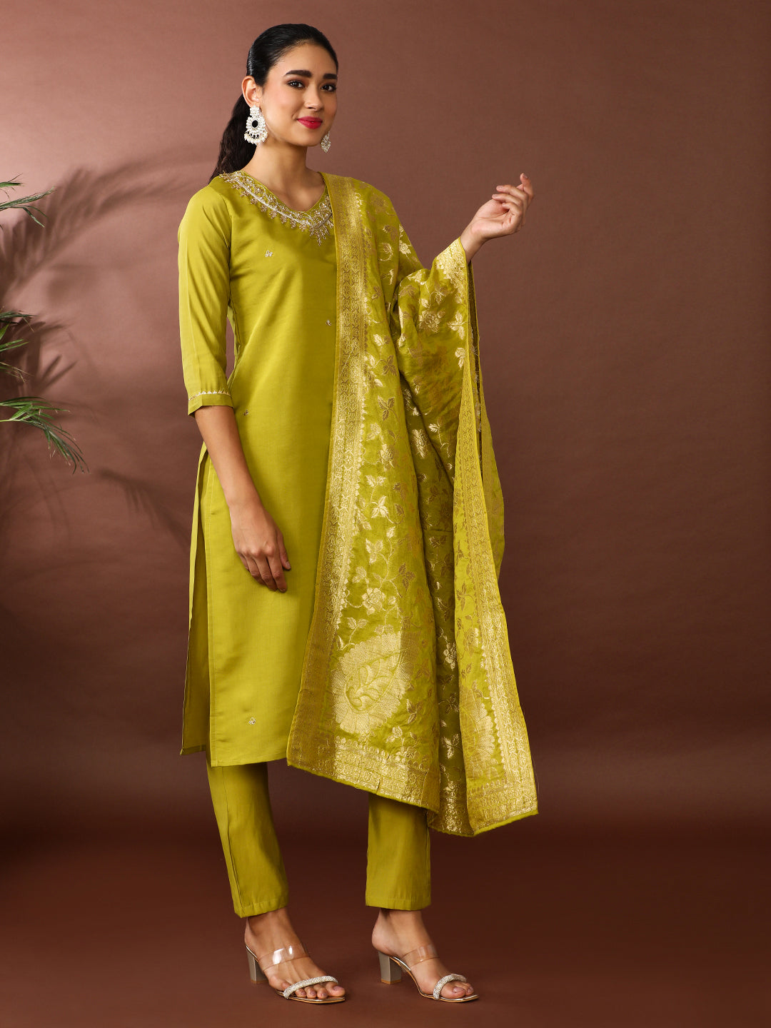 Solid Embroidered Poly Silk Kurta & Trousers Sets