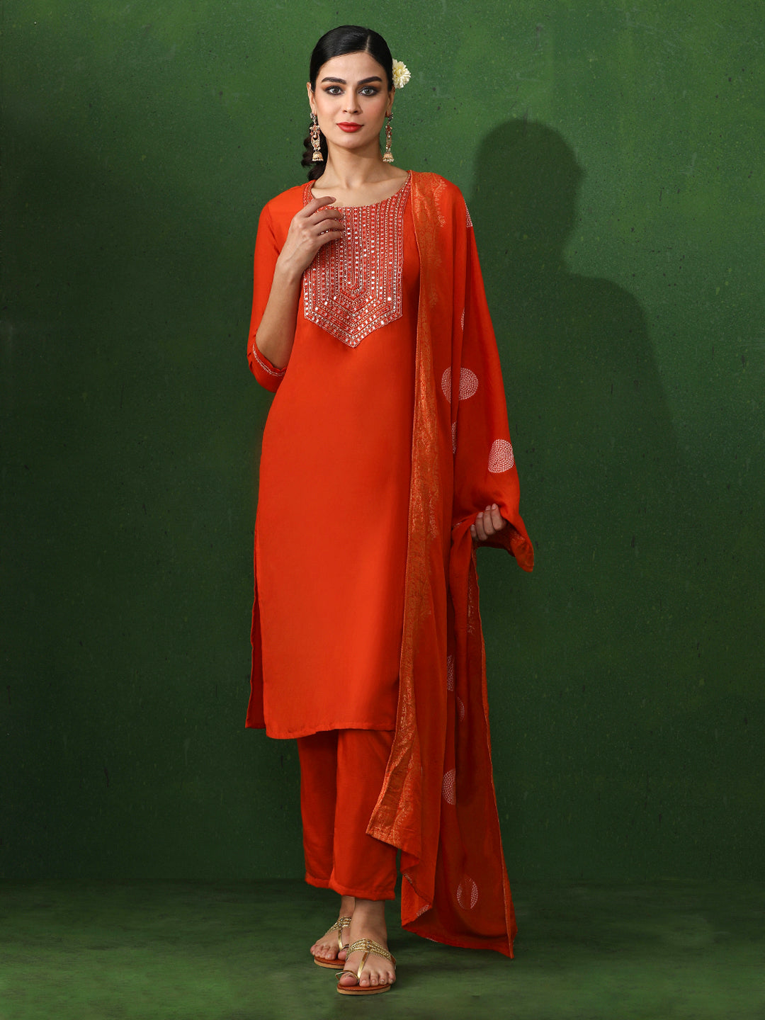 Floral Embroidered A-Line Pure Silk Kurta & Trousers Sets