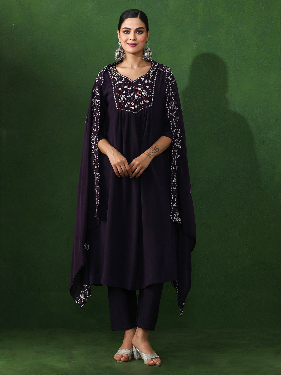 Floral Embroidered A-Line Chinon Kurta & Trousers Sets