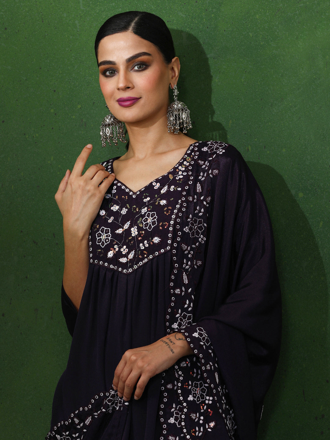 Floral Embroidered A-Line Chinon Kurta & Trousers Sets