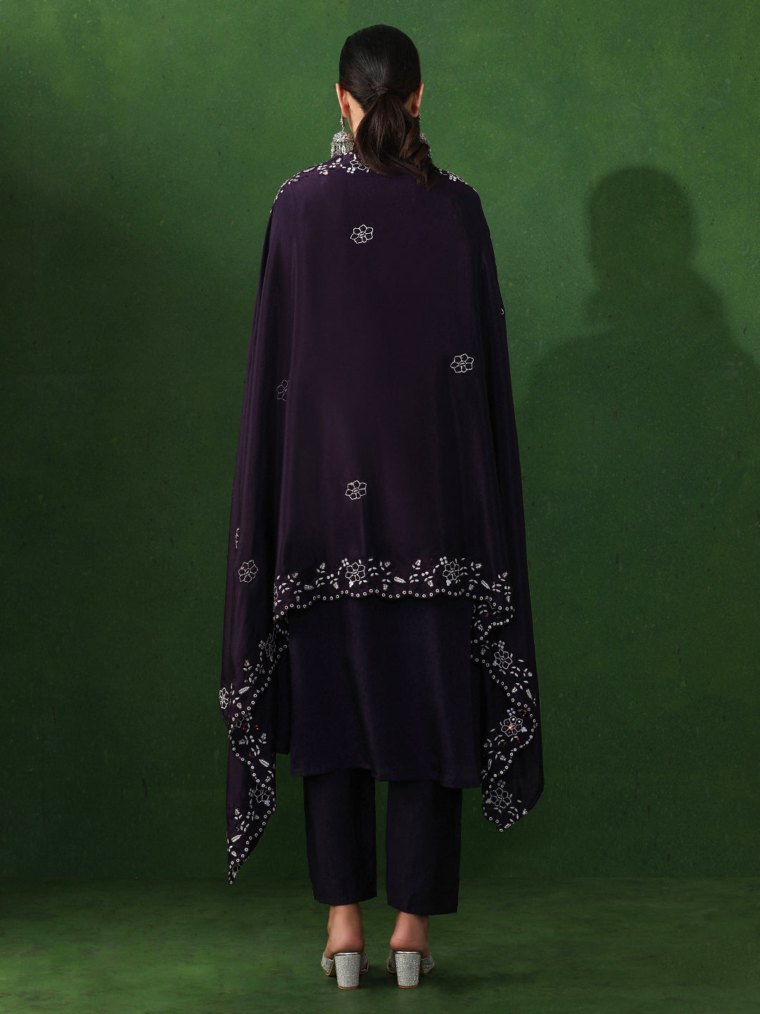 Floral Embroidered A-Line Chinon Kurta & Trousers Sets