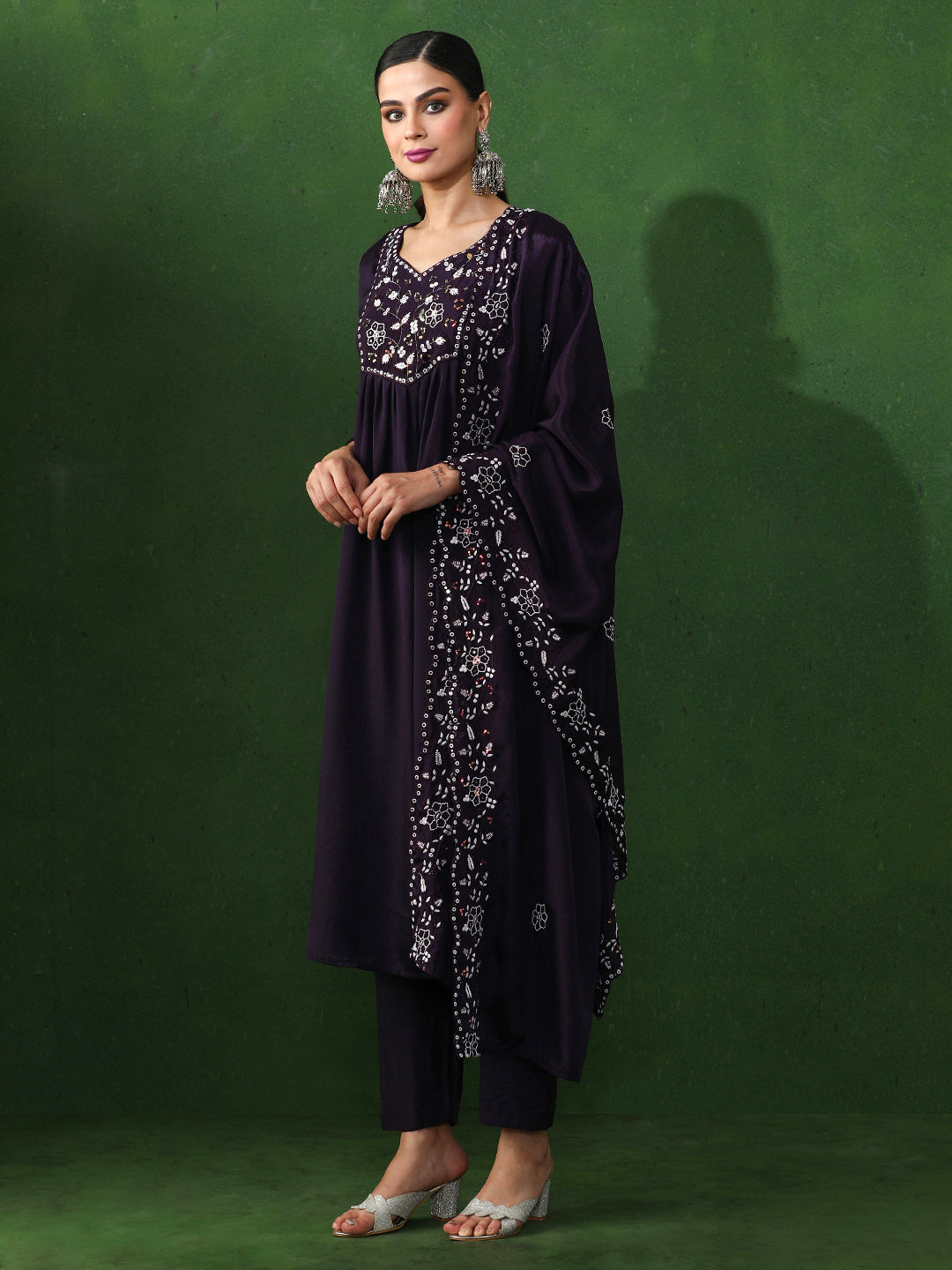 Floral Embroidered A-Line Chinon Kurta & Trousers Sets