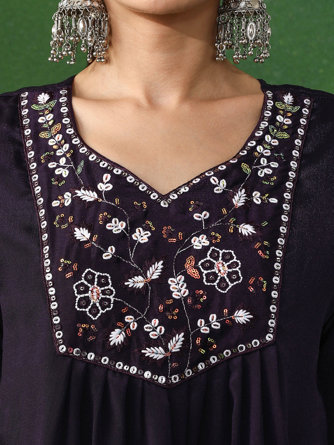 Floral Embroidered A-Line Chinon Kurta & Trousers Sets