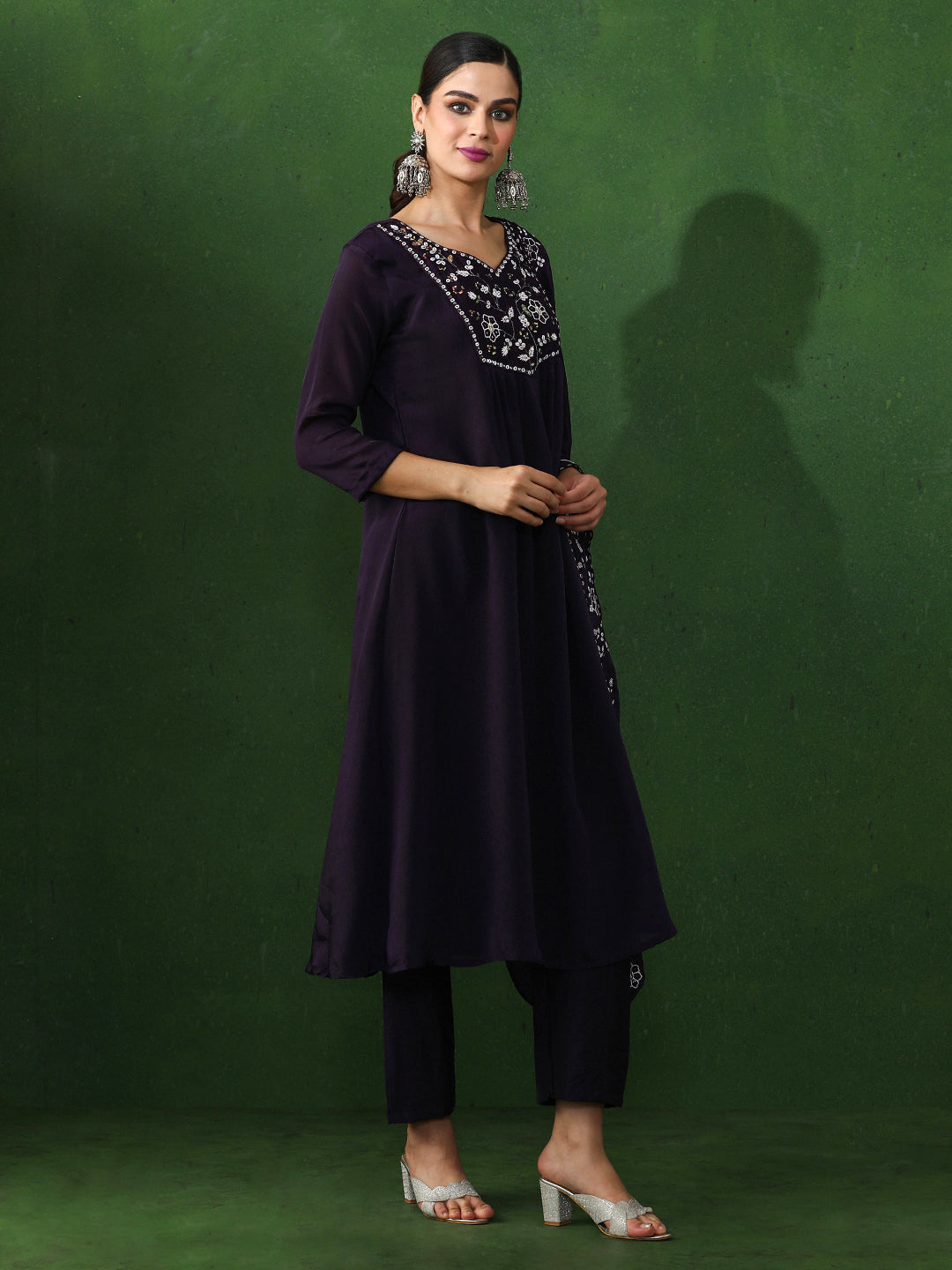 Floral Embroidered A-Line Chinon Kurta & Trousers Sets