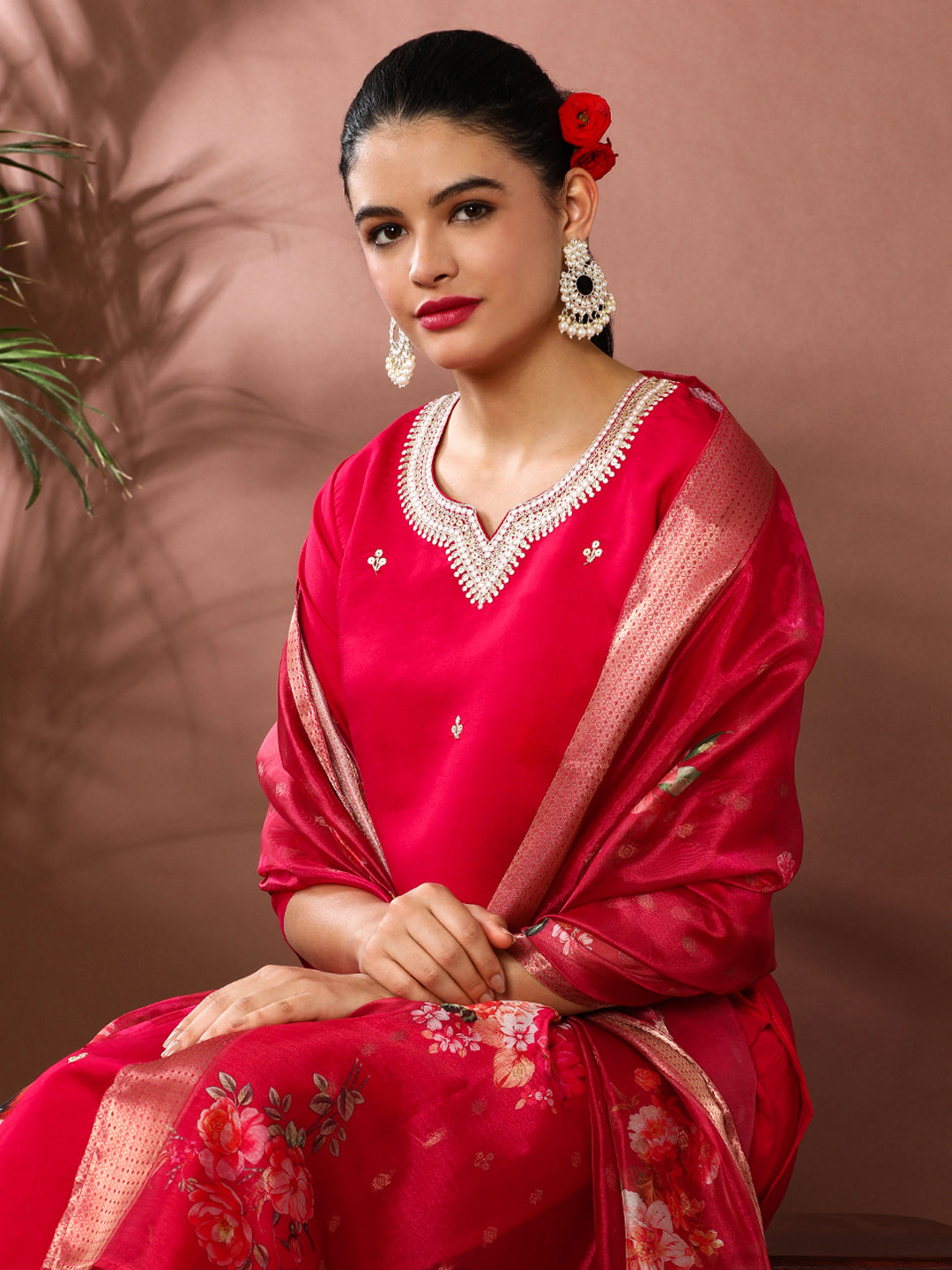 Solid Embroidered Chinon Kurta & Trousers Sets
