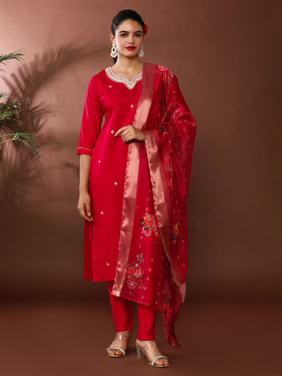Solid Embroidered Chinon Kurta & Trousers Sets
