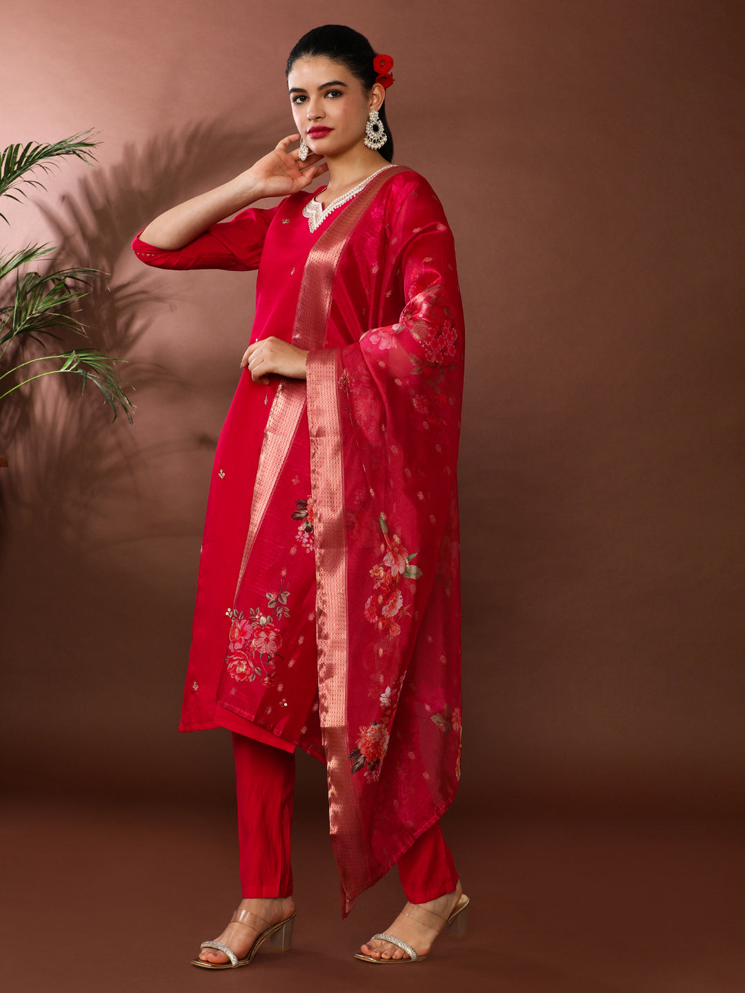 Solid Embroidered Chinon Kurta & Trousers Sets