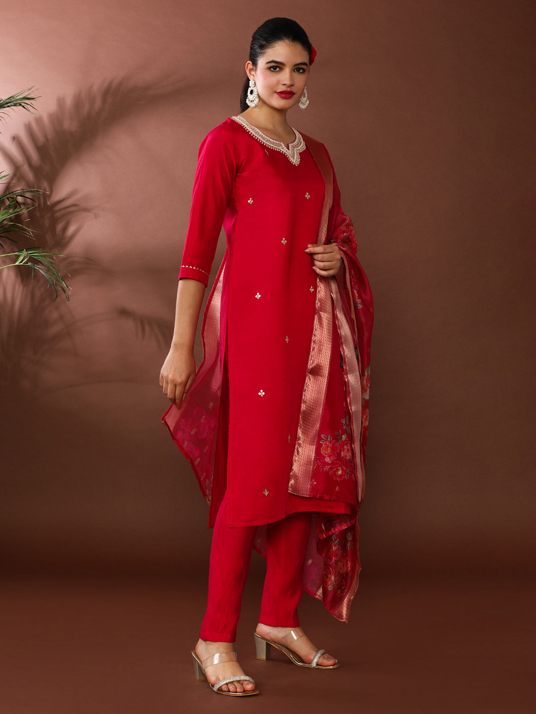 Solid Embroidered Chinon Kurta & Trousers Sets