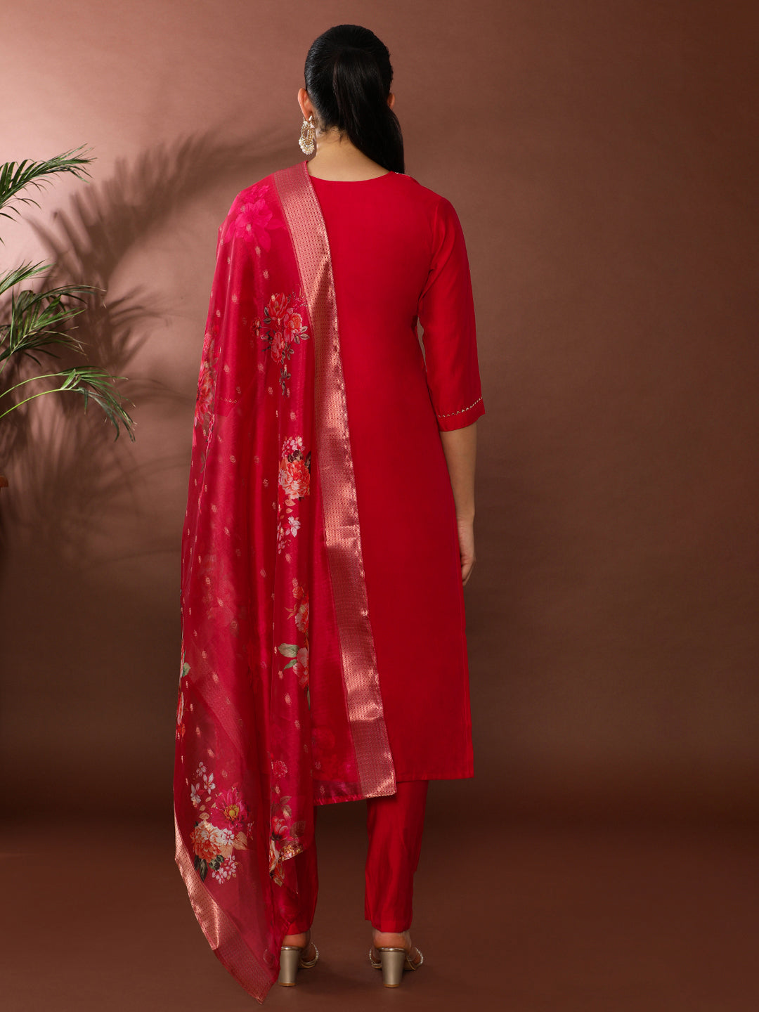 Solid Embroidered Chinon Kurta & Trousers Sets