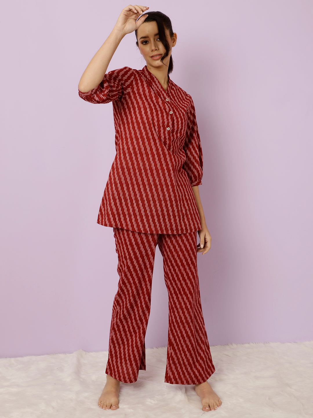 Maroon Geometric Printed Kurta With Palazzo Loungewear