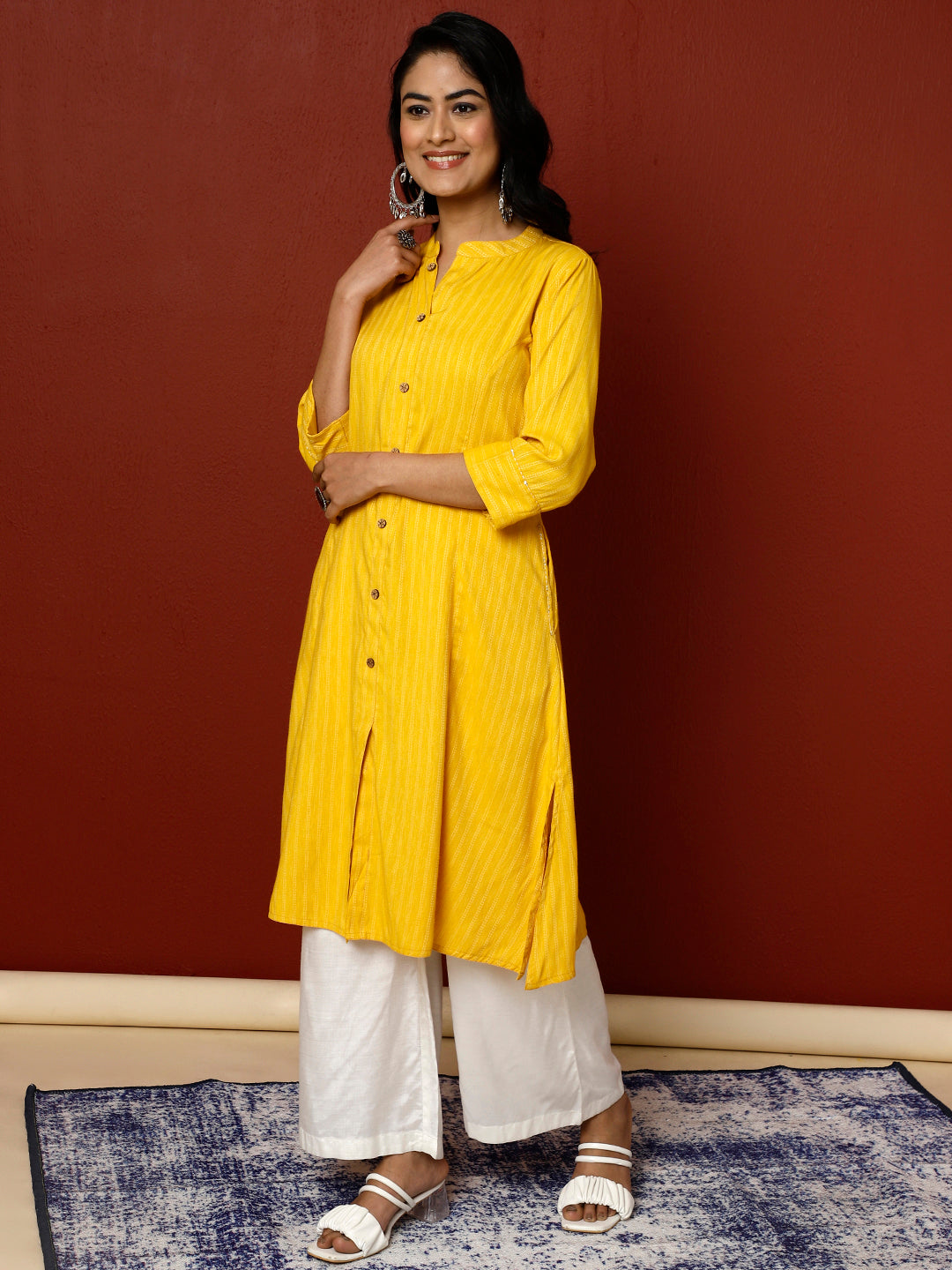 Yellow Self Design A-line Kurta