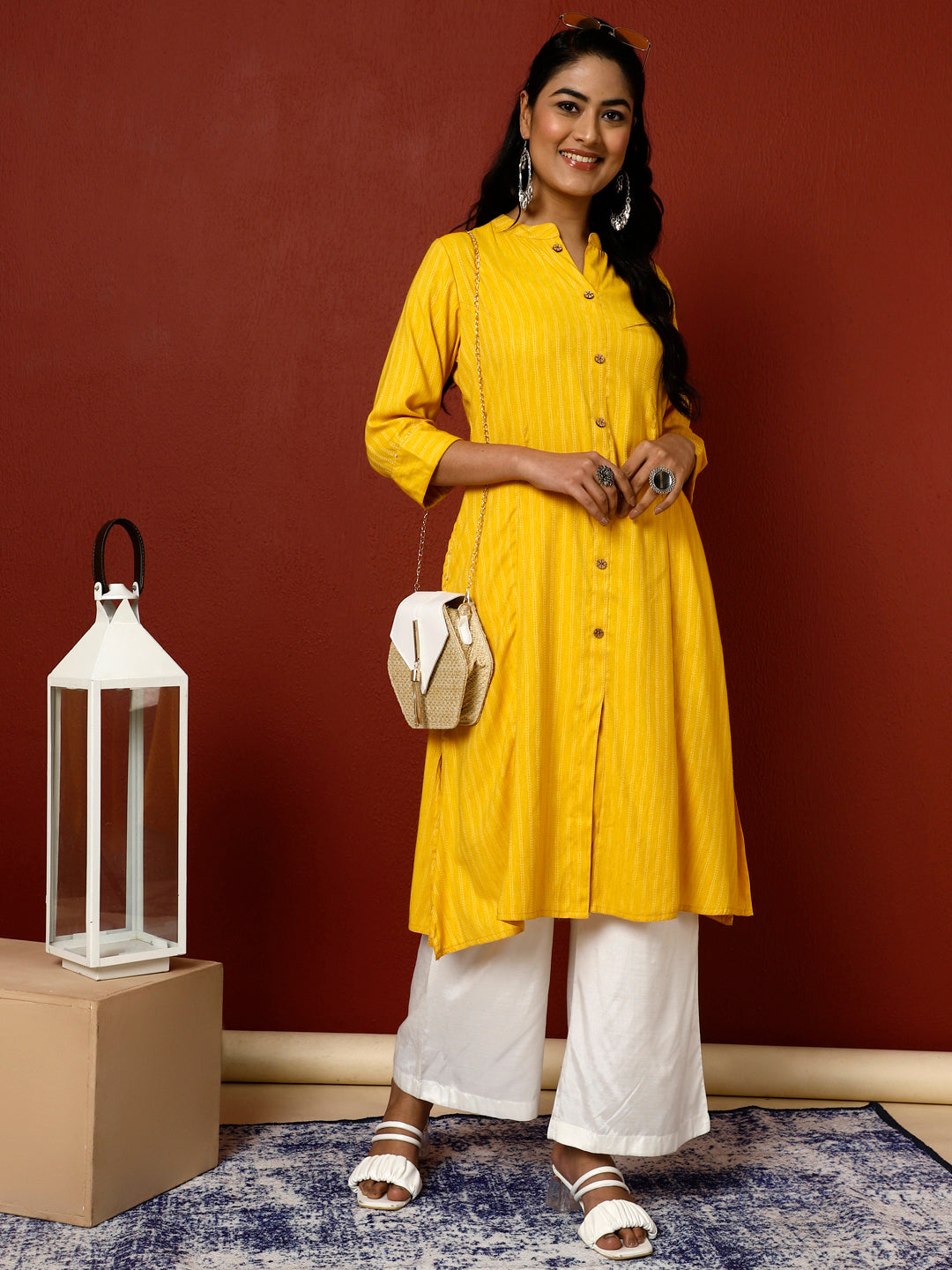 Yellow Self Design A-line Kurta