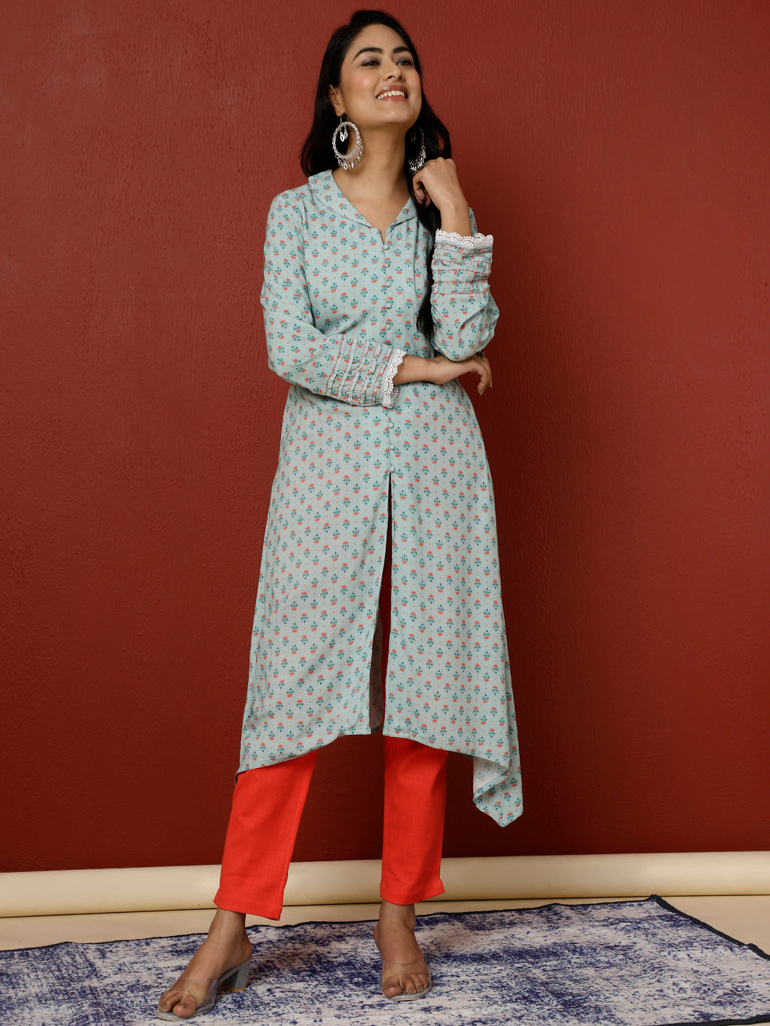 Blue Ethnic Motif Printed A-line Kurta