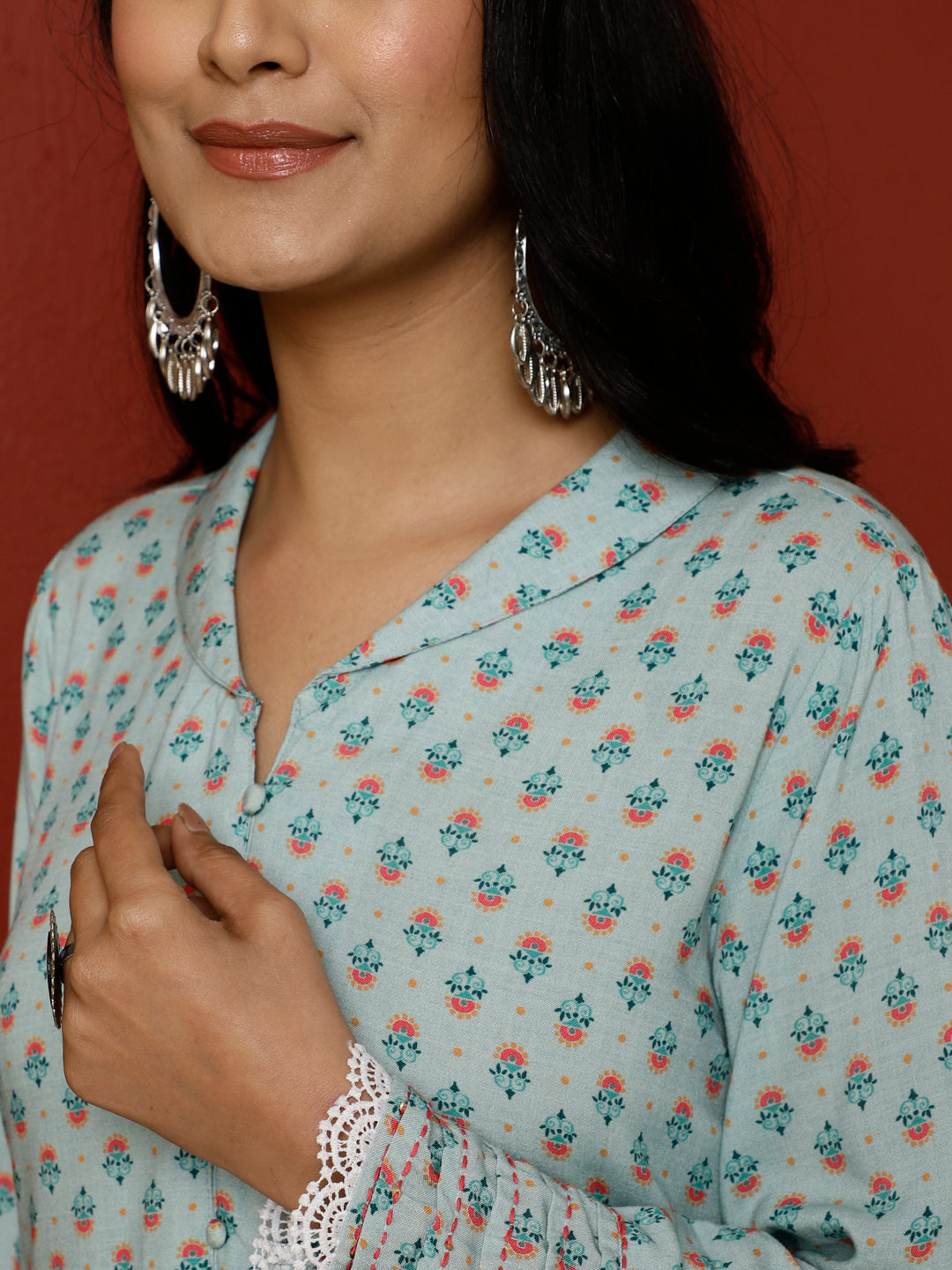Blue Ethnic Motif Printed A-line Kurta