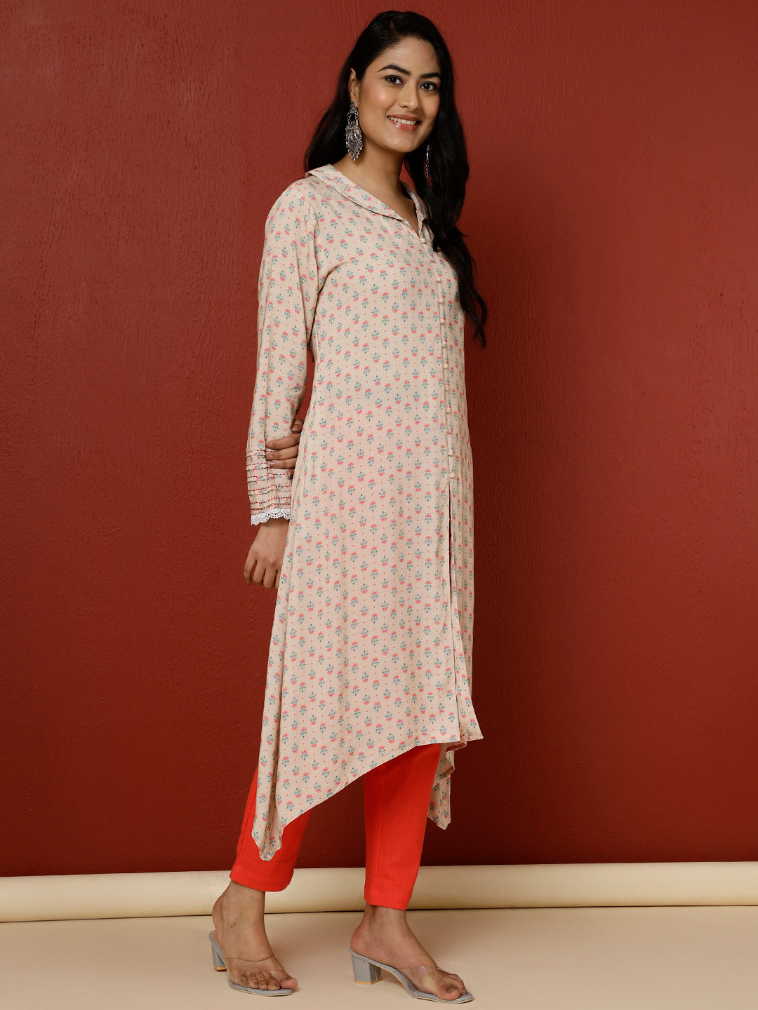 Beige Ethnic Motif Printed A-line Kurta