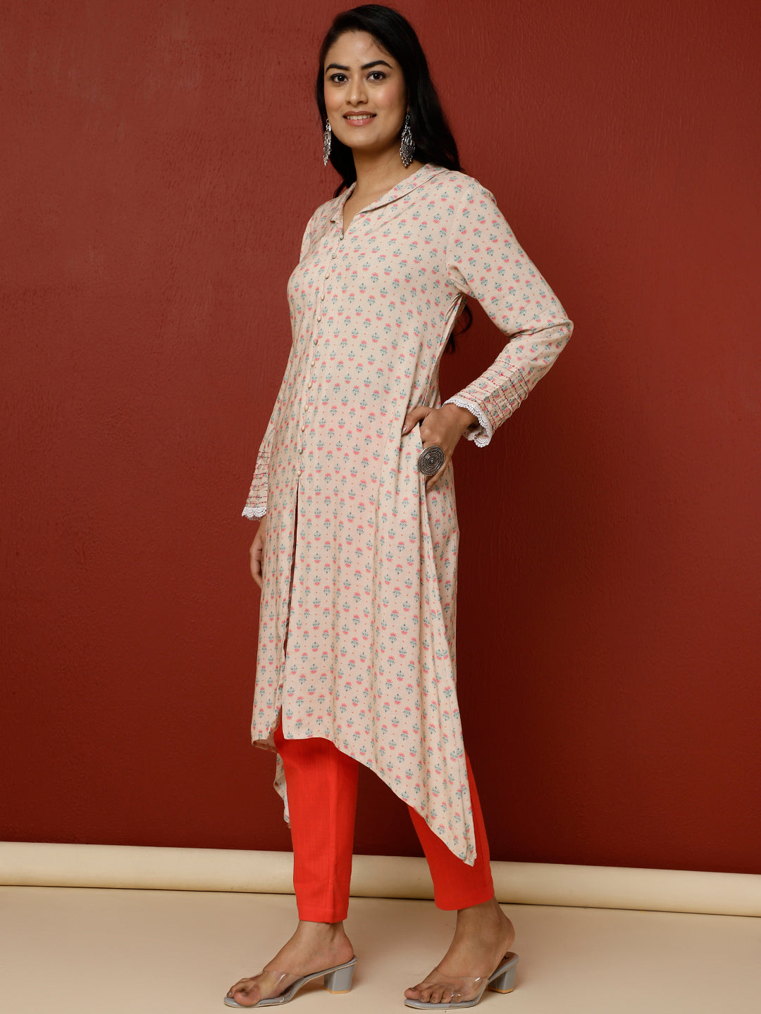 Beige Ethnic Motif Printed A-line Kurta