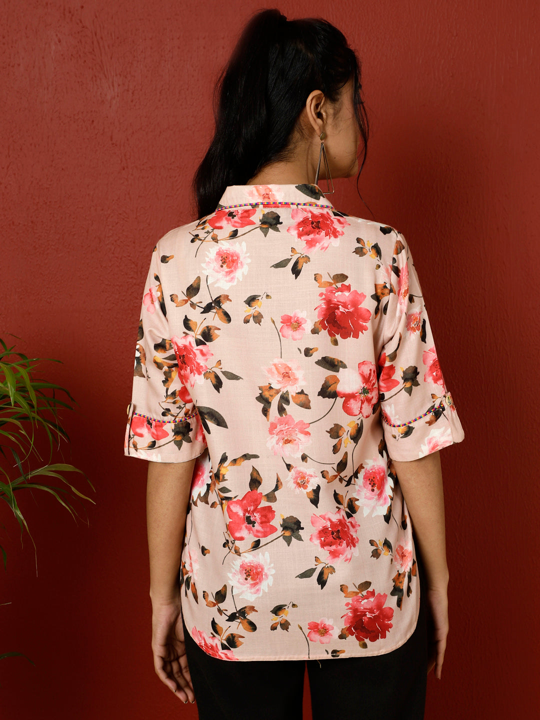Peach Floral Printed Linen Blend Top