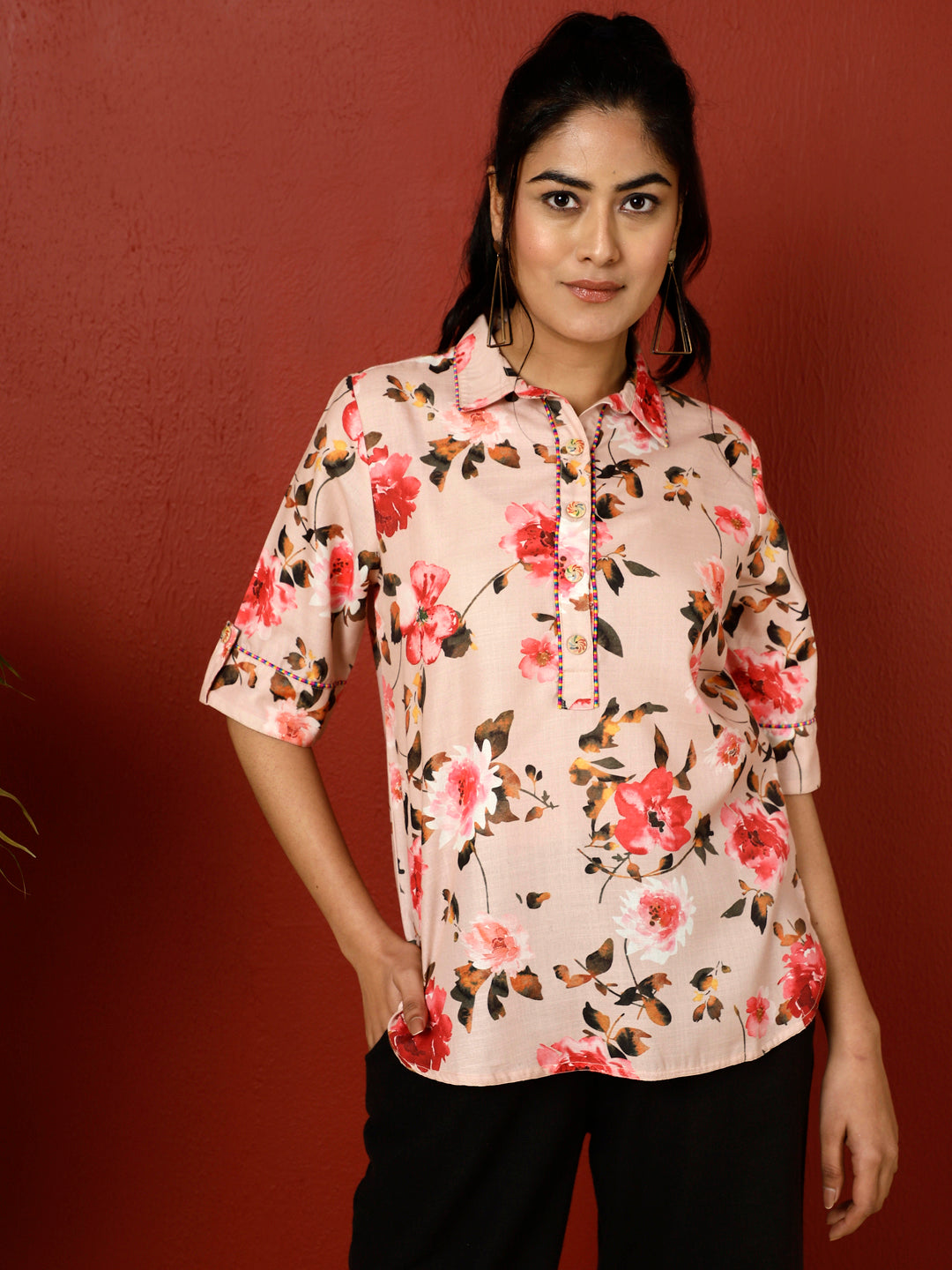 Peach Floral Printed Linen Blend Top