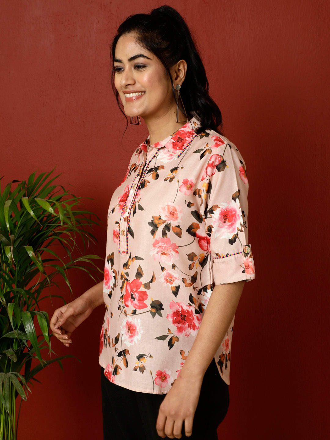 Peach Floral Printed Linen Blend Top