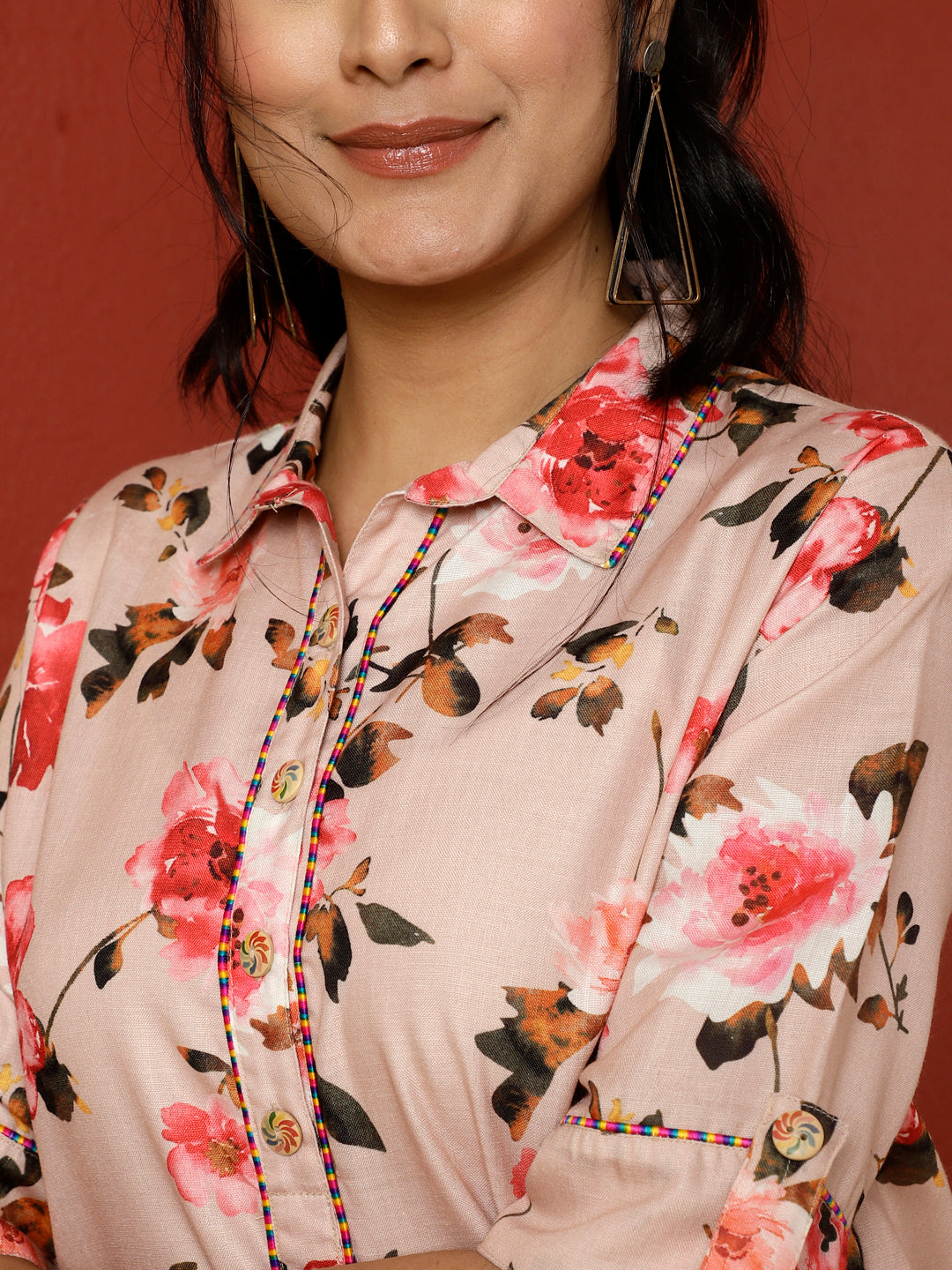 Peach Floral Printed Linen Blend Top