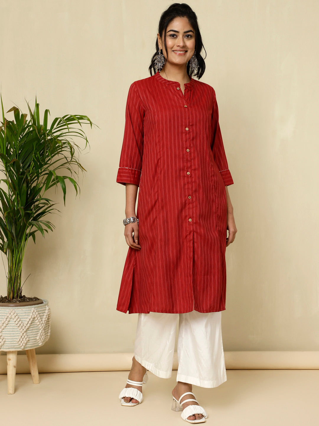Maroon Self Design A-line Kurta