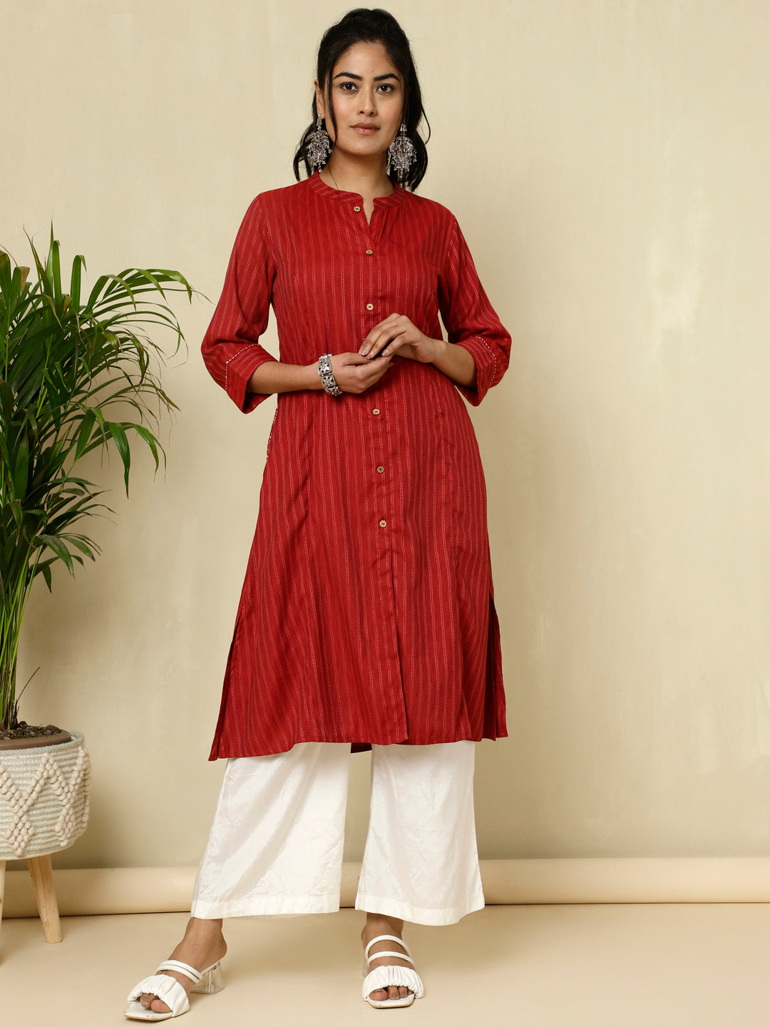 Maroon Self Design A-line Kurta