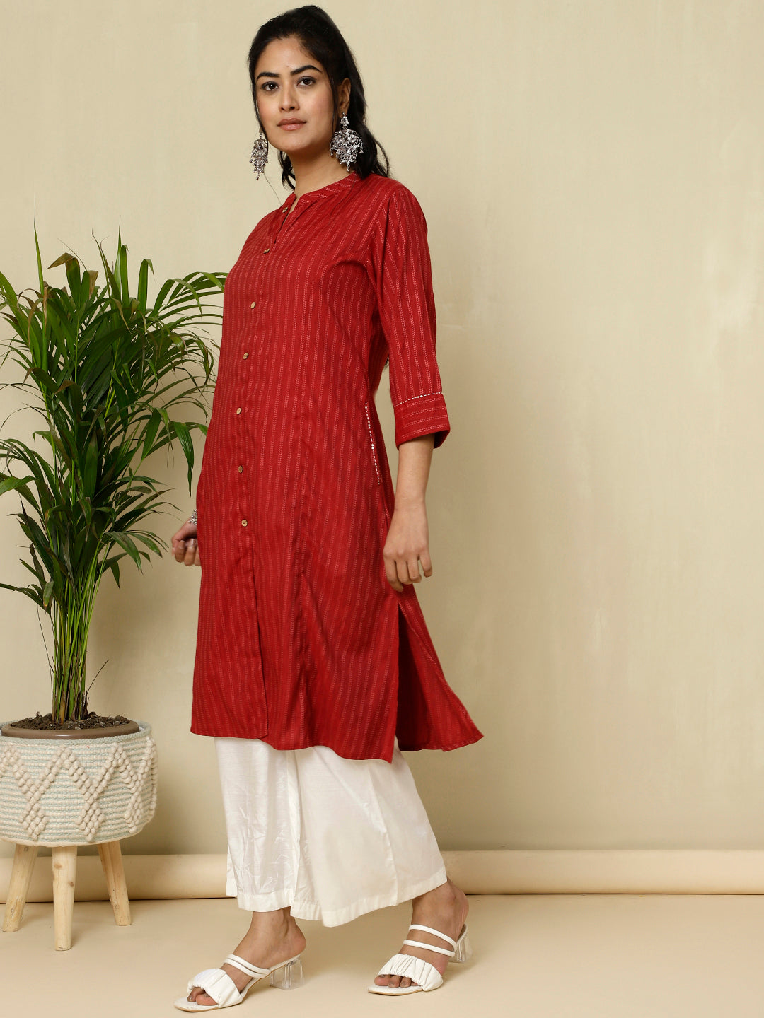 Maroon Self Design A-line Kurta