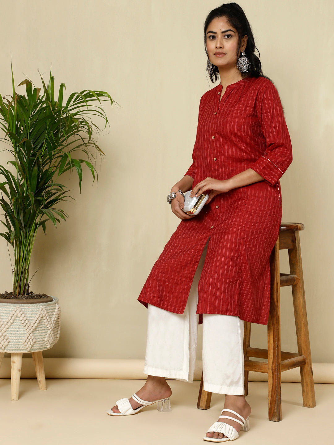 Maroon Self Design A-line Kurta