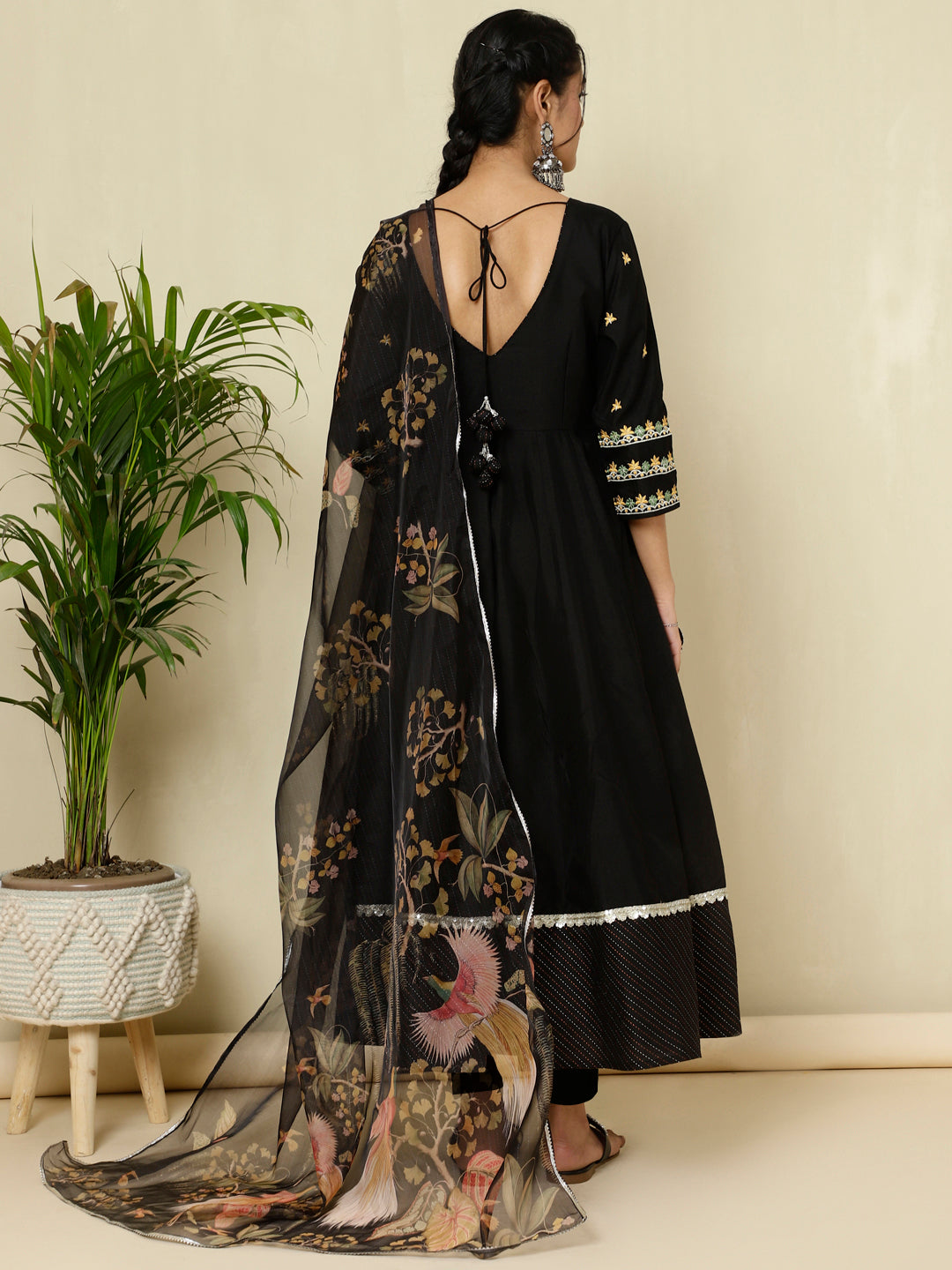 Black Zari Work Anarkali Kurta With Printed Dupatta
