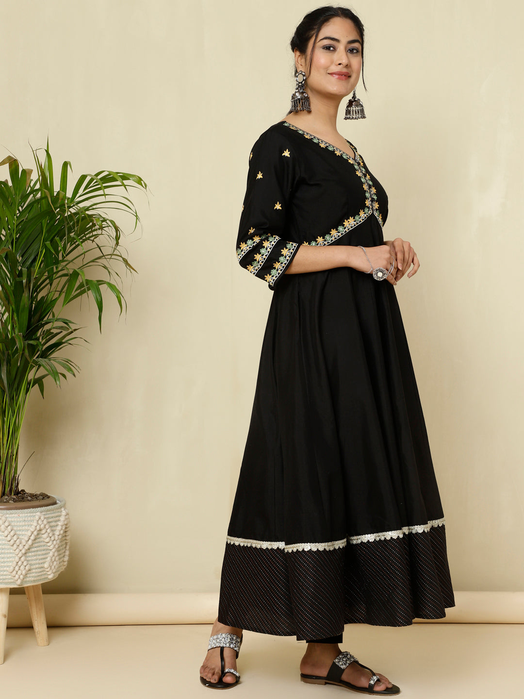 Black Zari Work Anarkali Kurta With Printed Dupatta