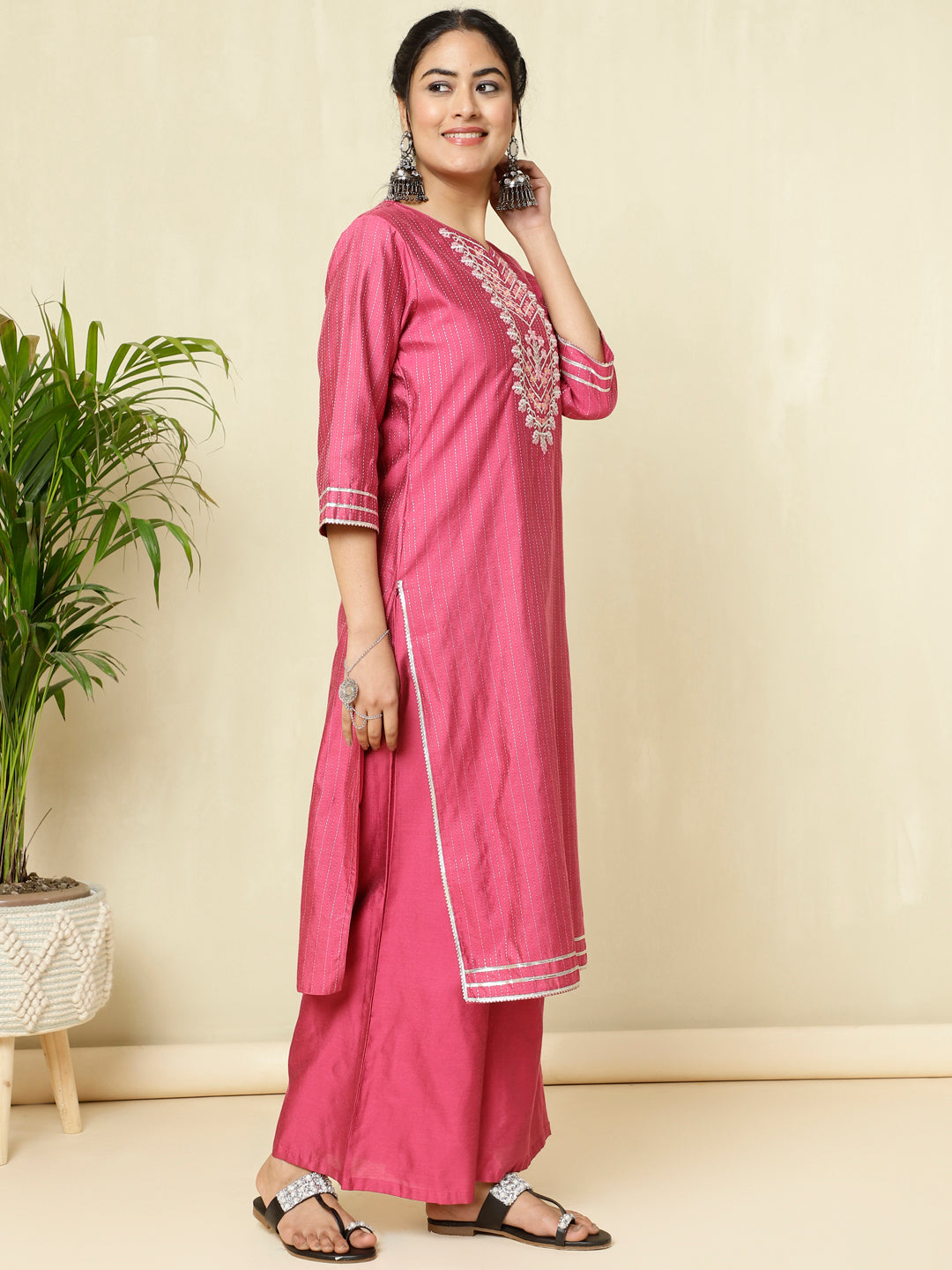 Pink Chanderi Kantha Embroidered Kurta With Palazzo And Dupatta