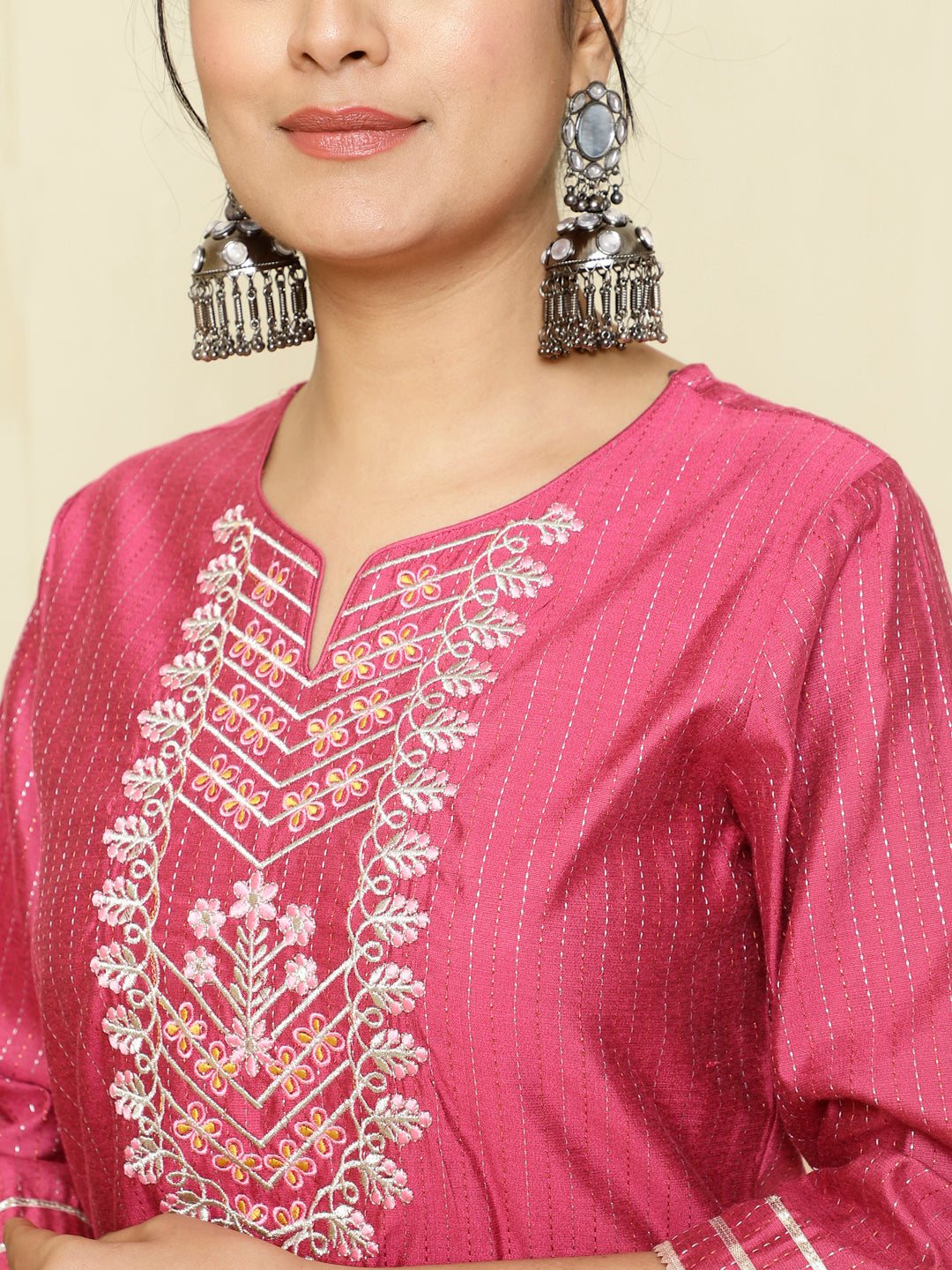 Pink Chanderi Kantha Embroidered Kurta With Palazzo And Dupatta