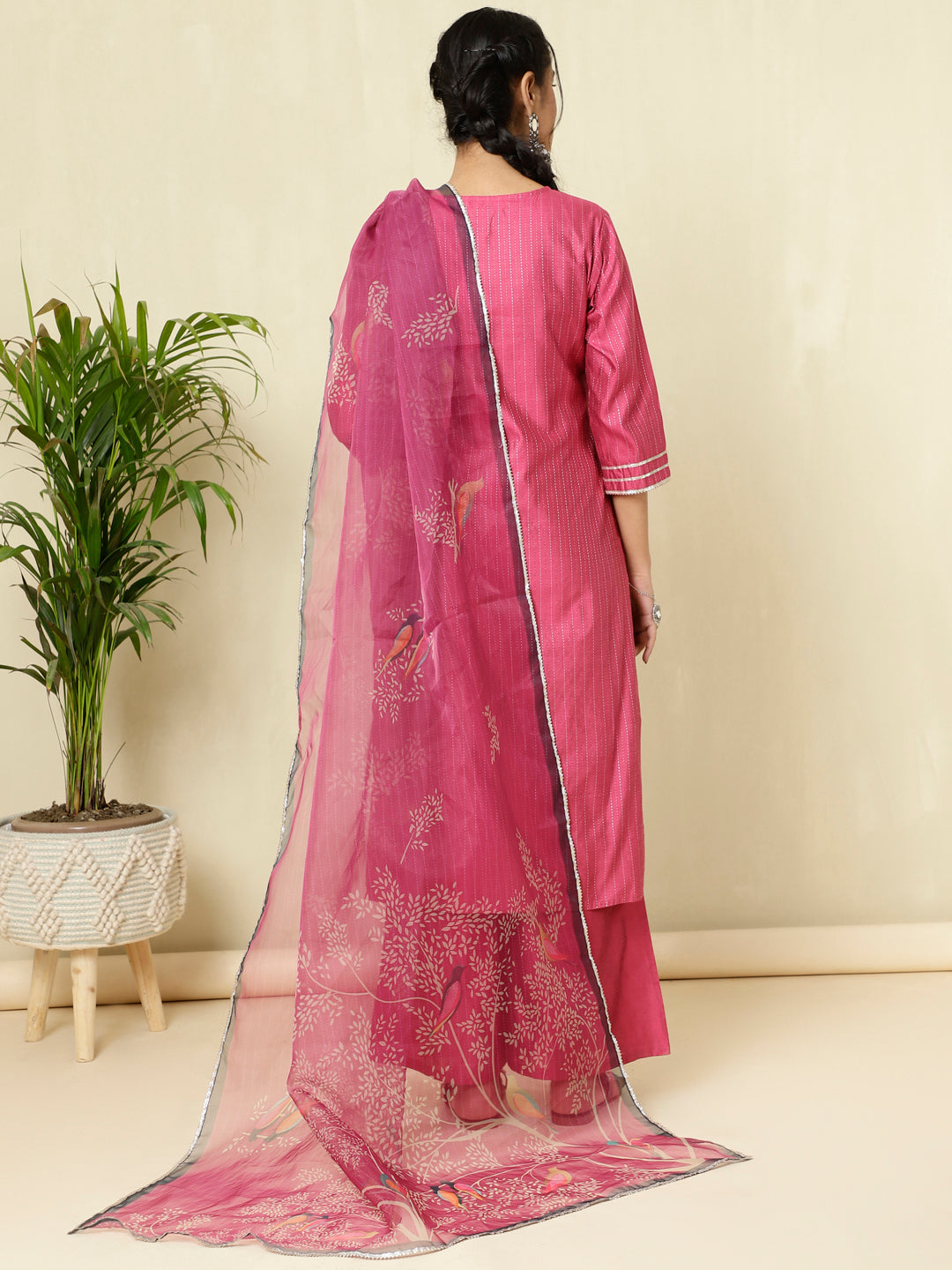 Pink Chanderi Kantha Embroidered Kurta With Palazzo And Dupatta