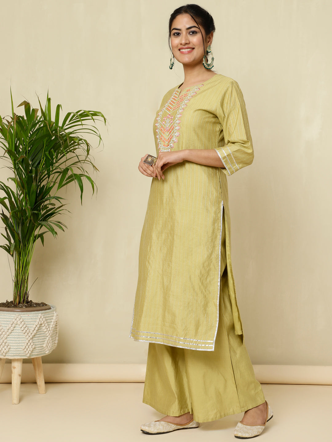 Green Chanderi Kantha Embroidered Kurta With Palazzo And Dupatta
