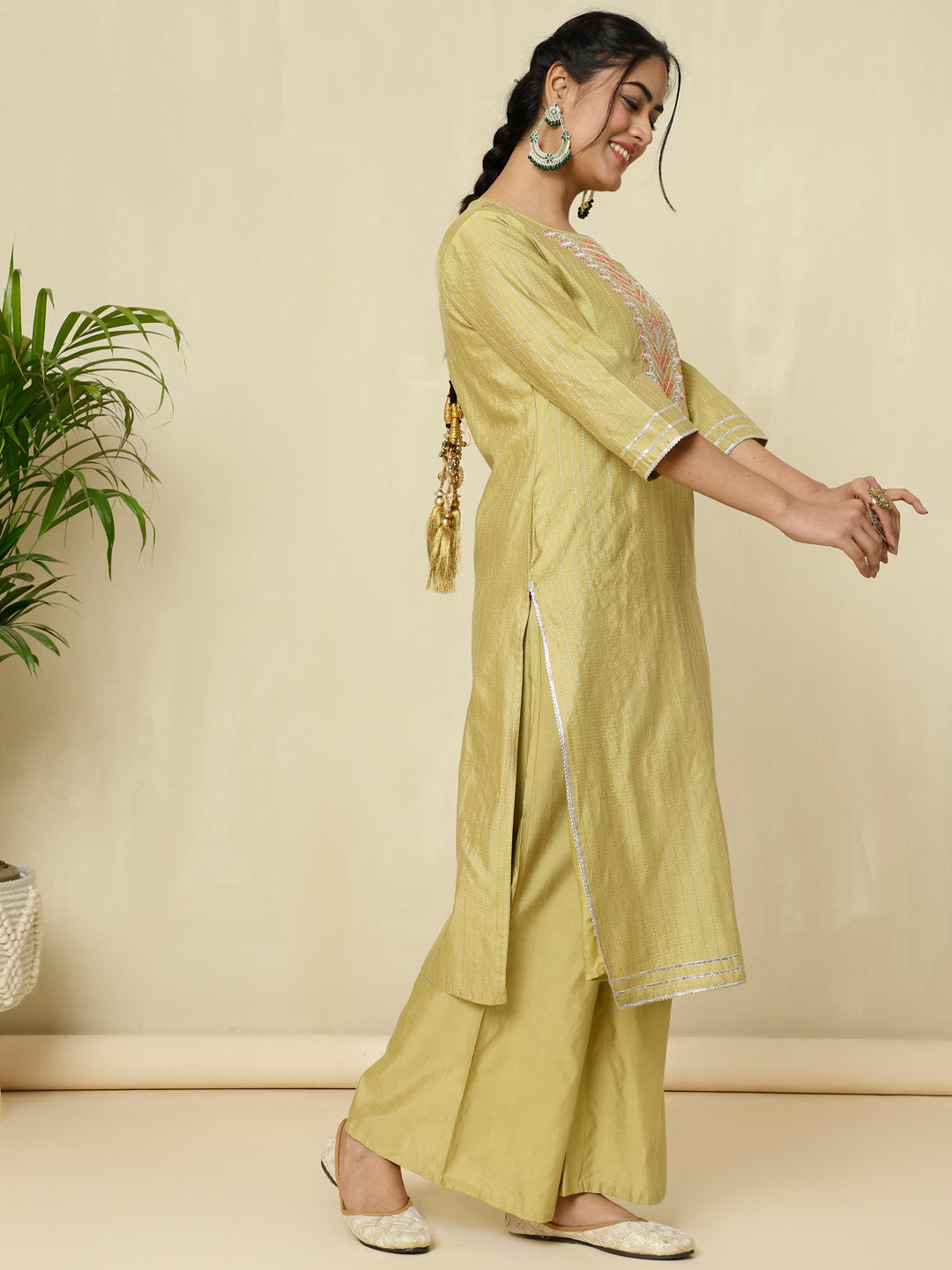 Green Chanderi Kantha Embroidered Kurta With Palazzo And Dupatta