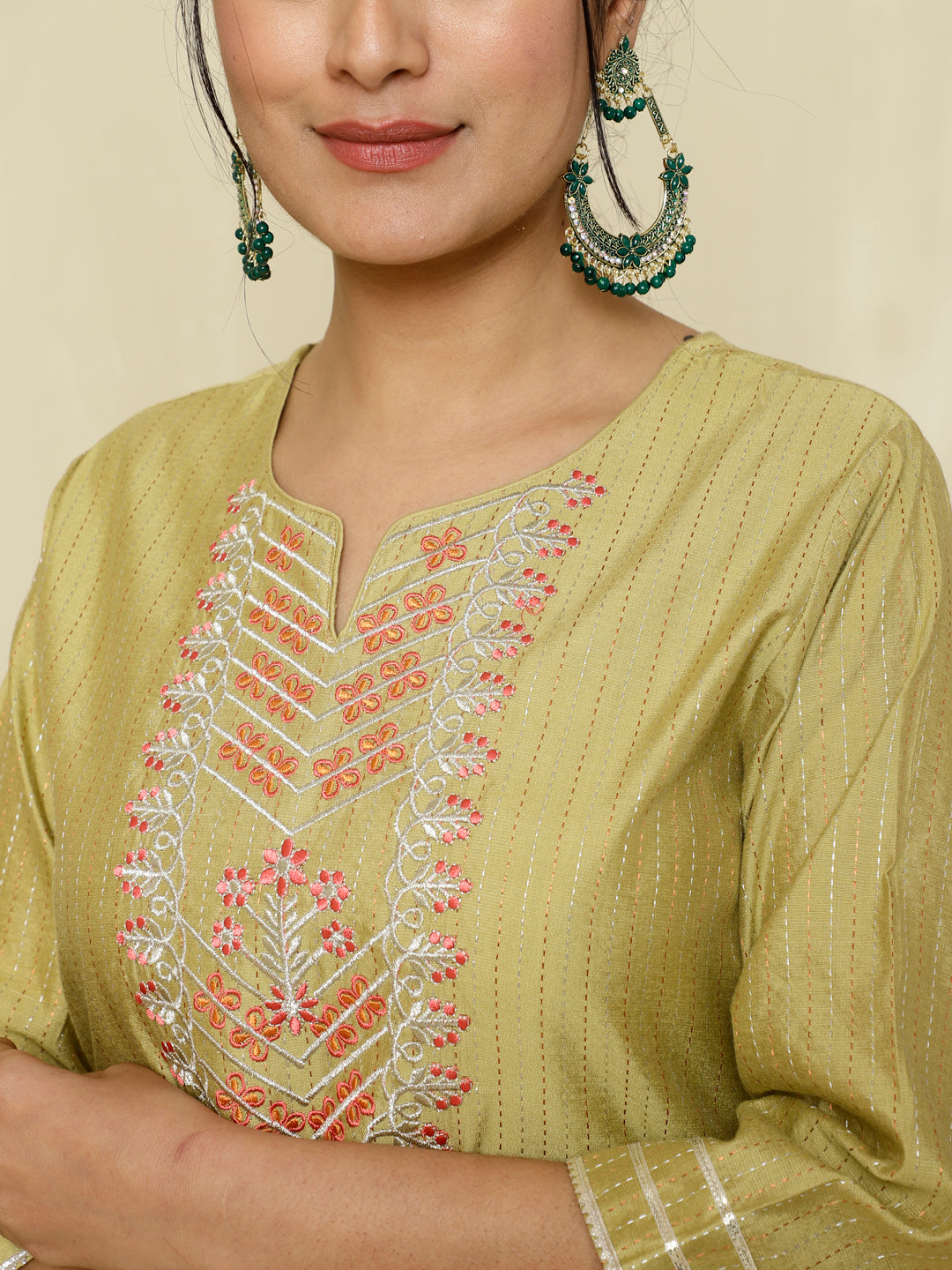 Green Chanderi Kantha Embroidered Kurta With Palazzo And Dupatta