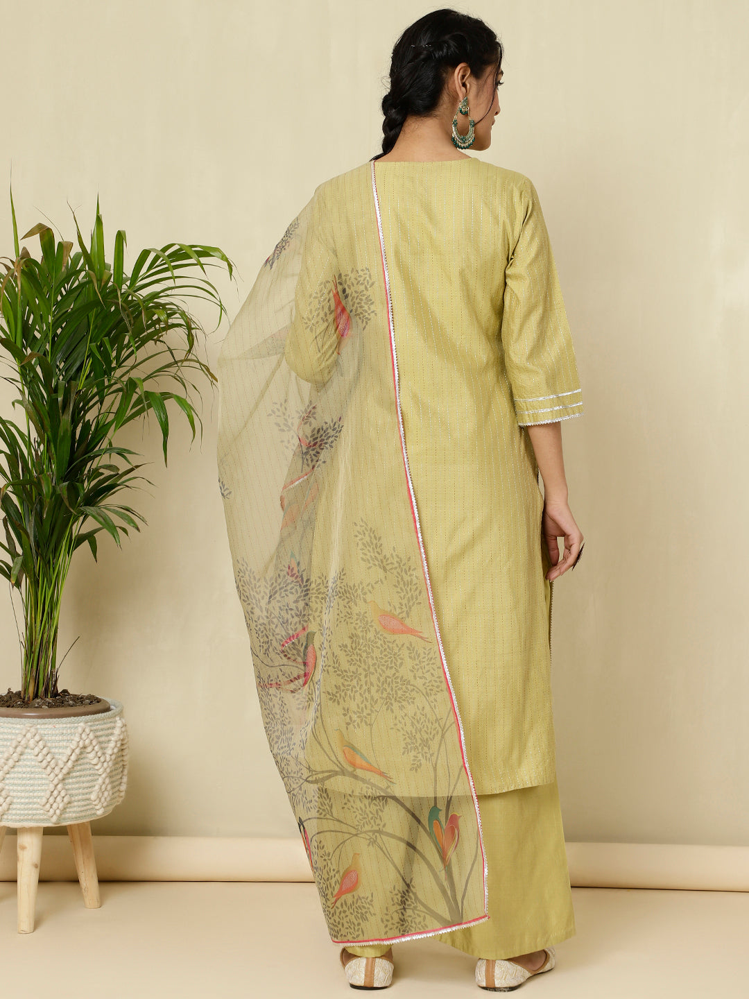 Green Chanderi Kantha Embroidered Kurta With Palazzo And Dupatta
