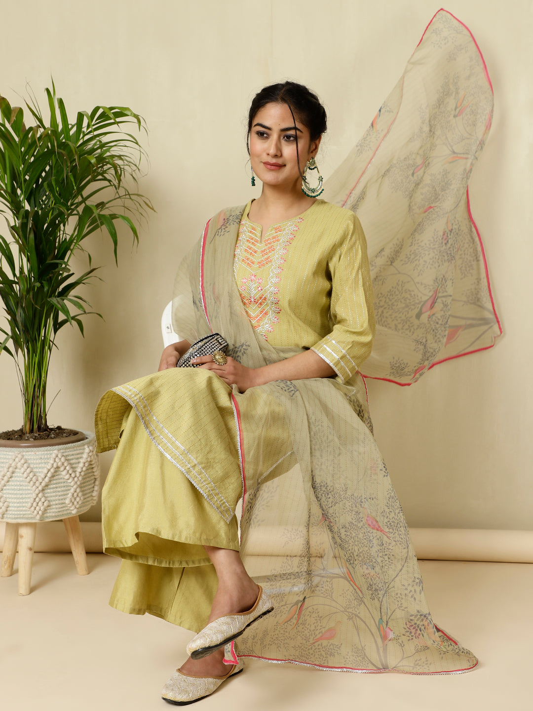 Green Chanderi Kantha Embroidered Kurta With Palazzo And Dupatta