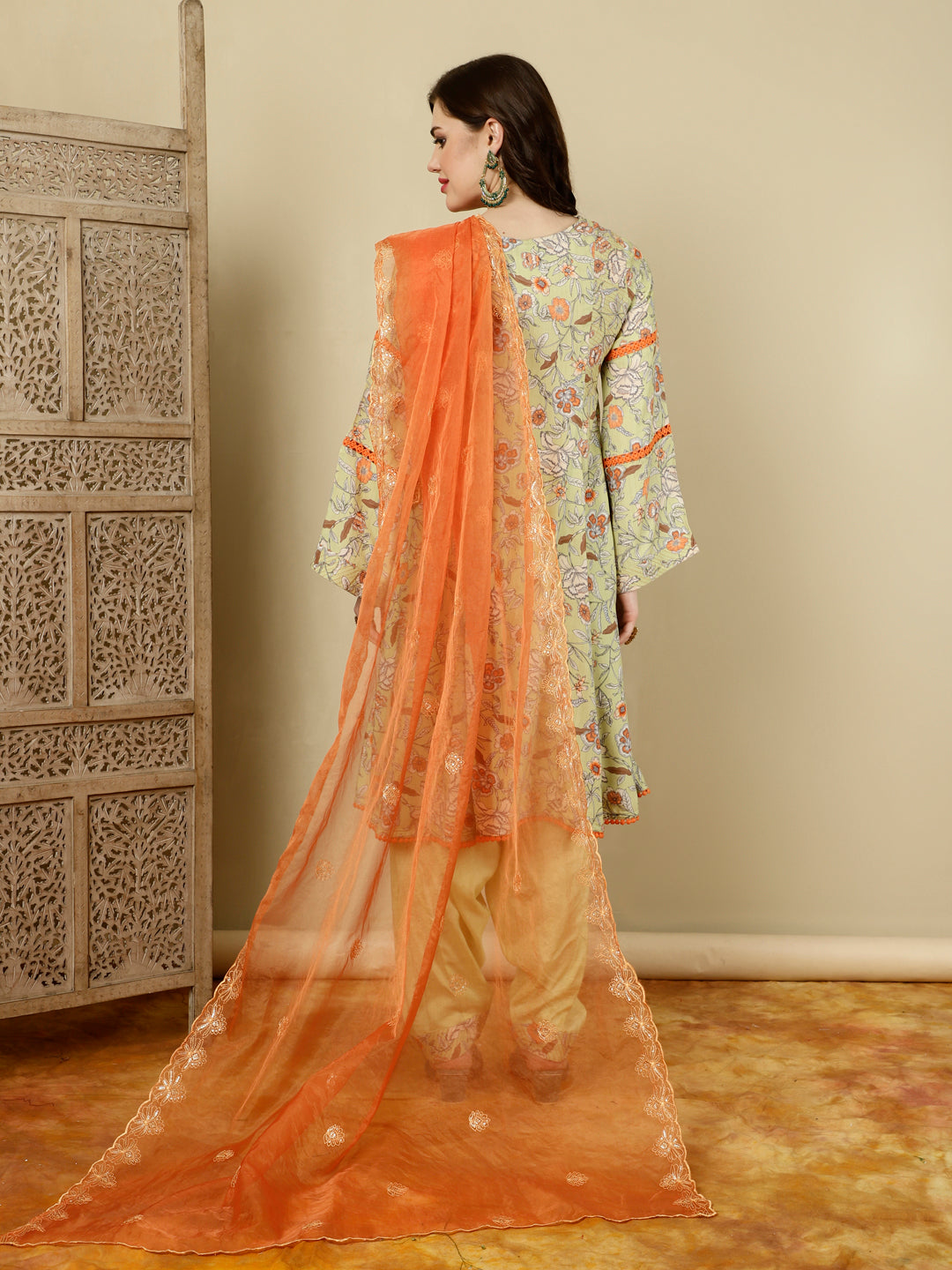 Green Floral Printed Pakistani Kurta With Salwar And Dupatta