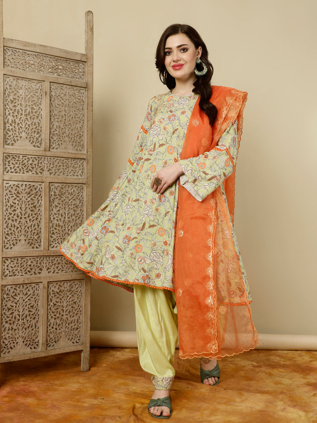 Green Floral Printed Pakistani Kurta With Salwar And Dupatta