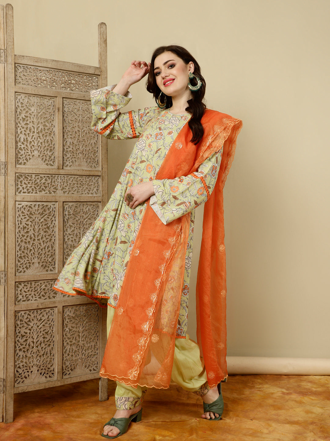 Green Floral Printed Pakistani Kurta With Salwar And Dupatta