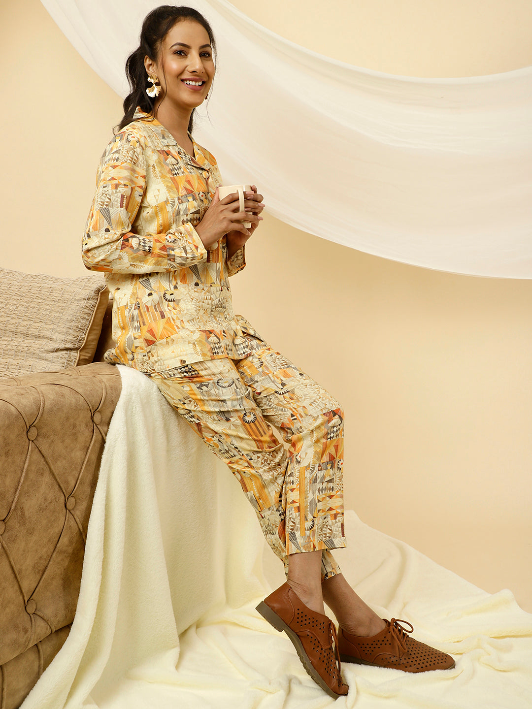 Yellow Geometric Print Jacket With Pants Co-ord Set