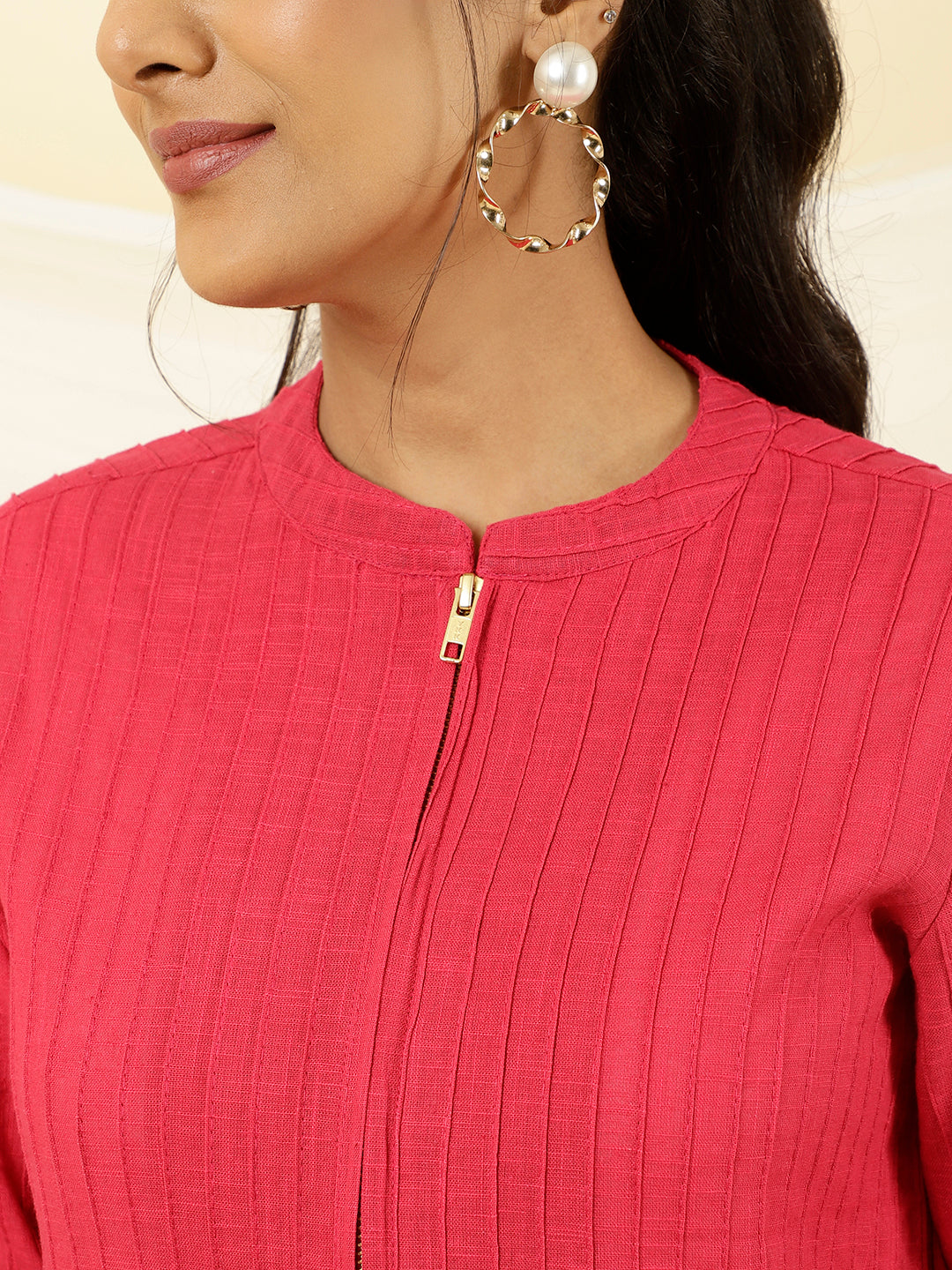 Fuchsia Pintuck Cotton Jacket Style Shirt